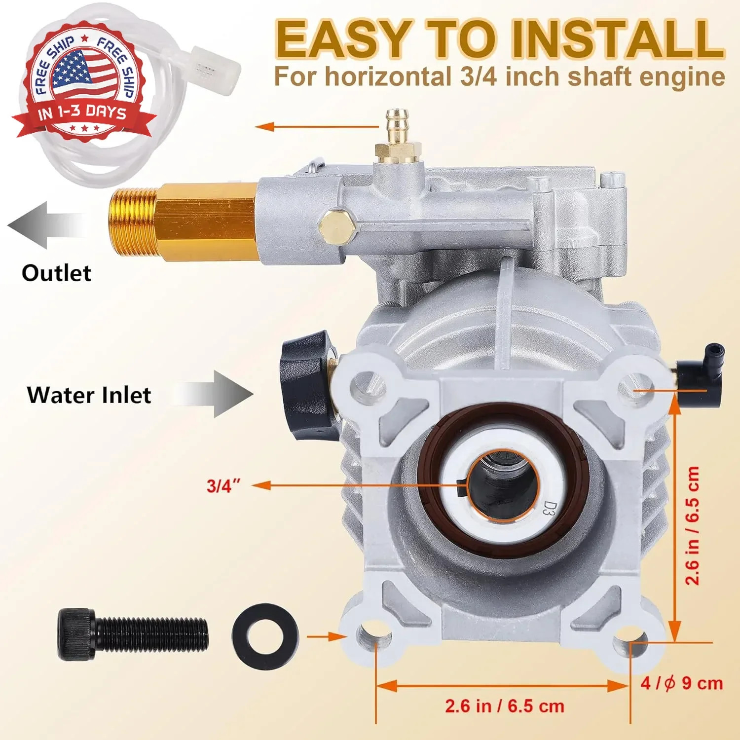 Biswing Pressure Washer Pump, 3/4″ Shaft Horizontal Axial Plunger, 3400 PSI Max,