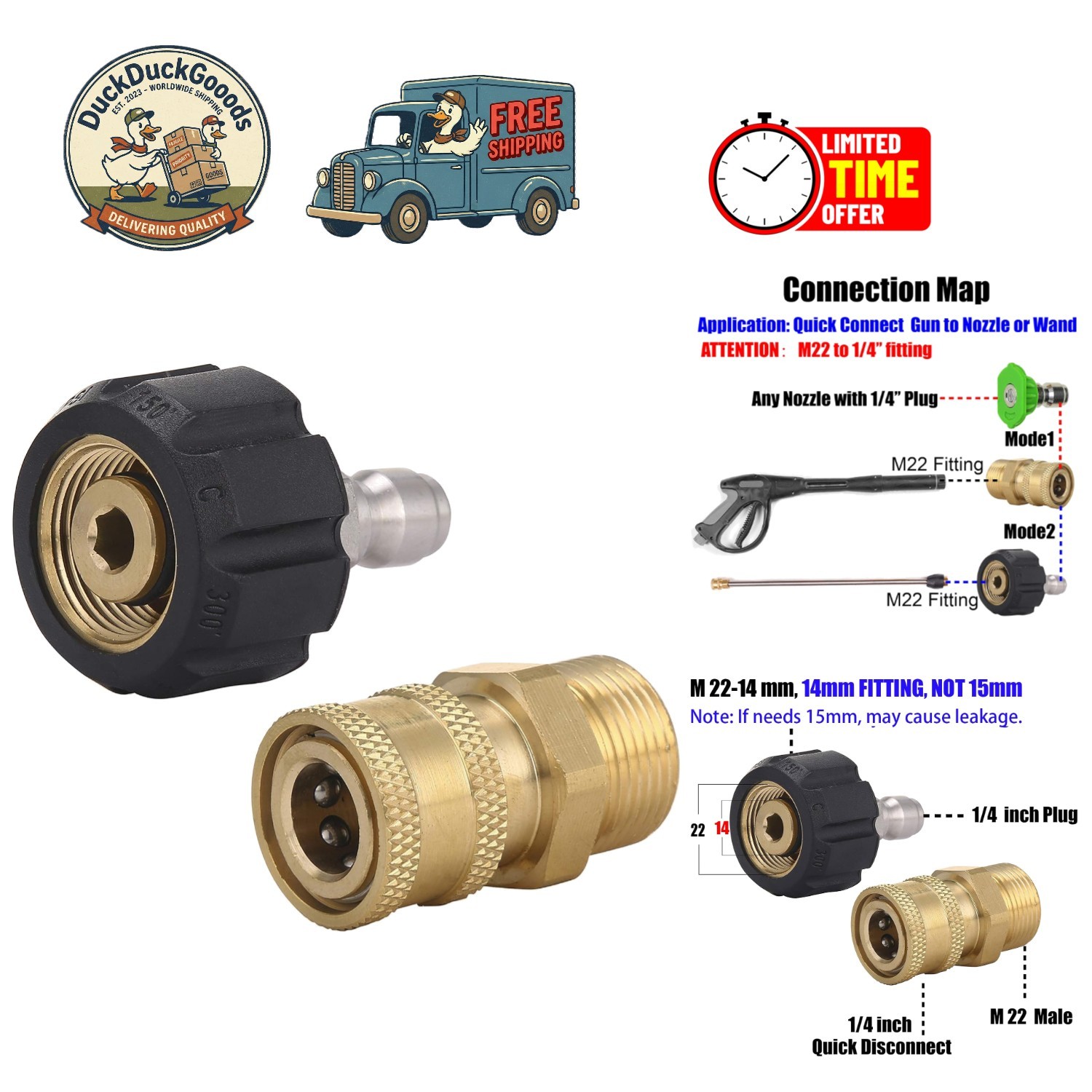 Universal Quick Connect Adapter Set: M22 14mm to 1/4 Inch for Pressure Washers