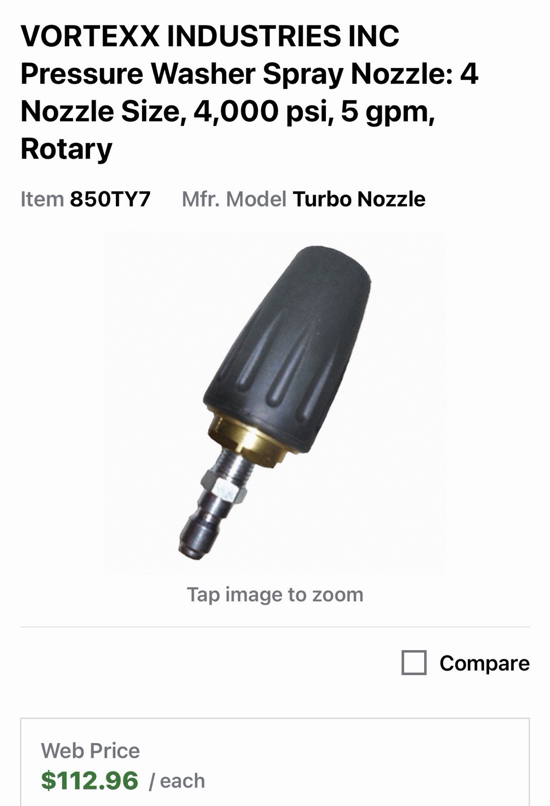 VORTEXX 850TY7: Pressure Washer Spray Nozzle 4 Nozzle Size 4,000PSI 5 GPM Rotary