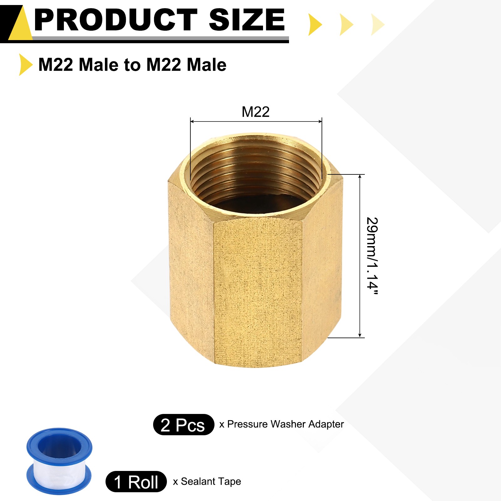 2Pcs Pressure Washer Adapter with Tape, M22 Female to M22 Female Brass