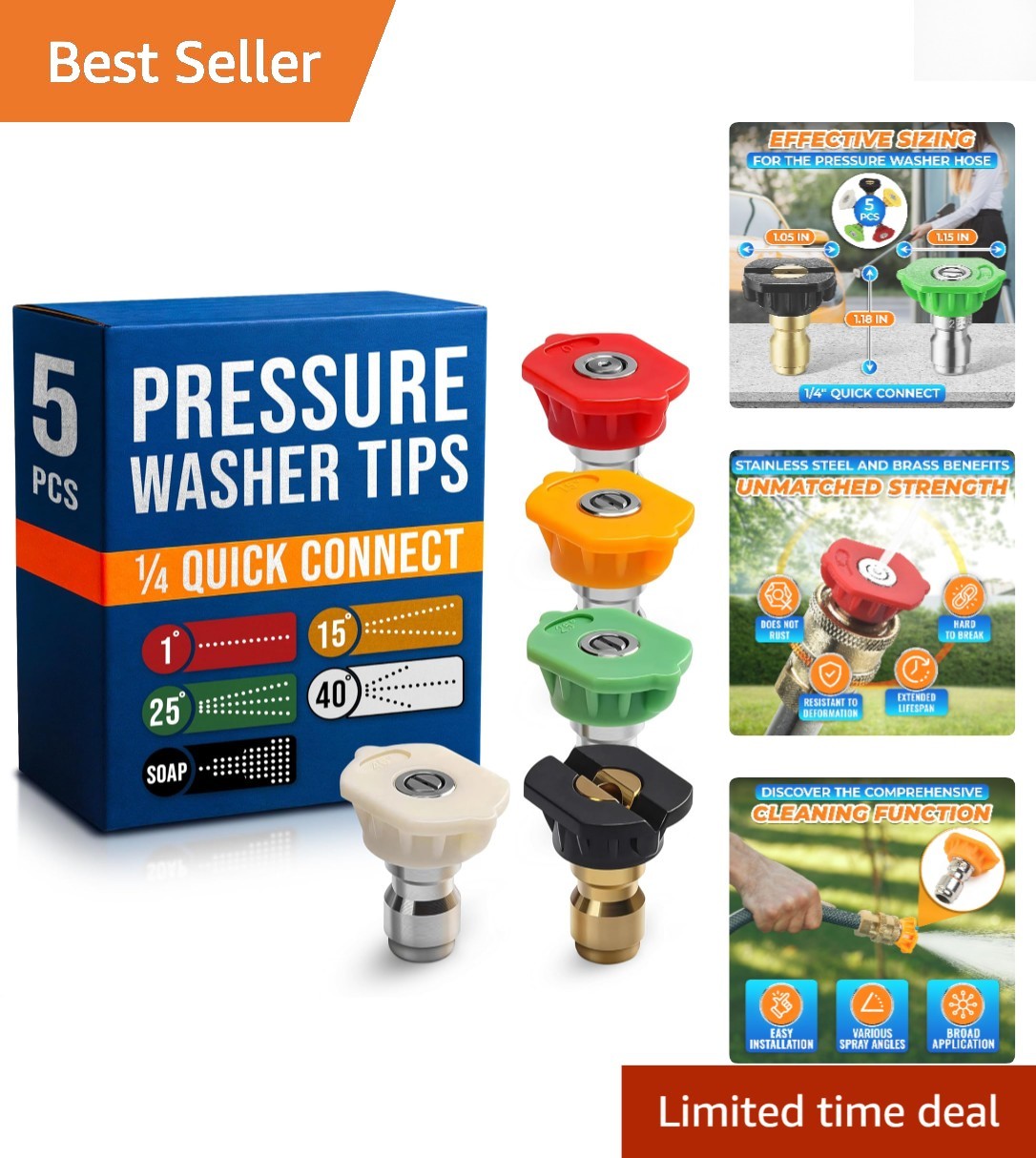 Versatile Pressure Washer Nozzle Set – 5 Tips for Soap, Foam & Targeted Cleaning