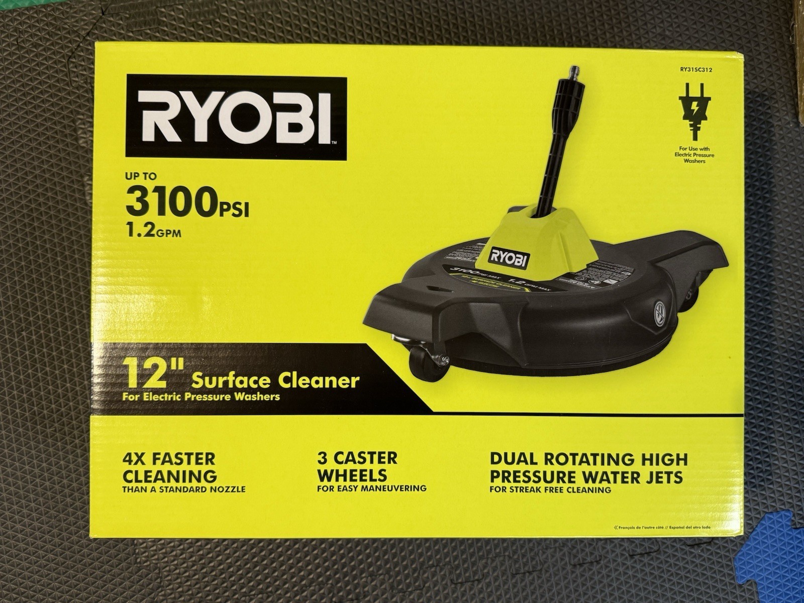 New Ryobi 12” 3100 PSI 1.2 GPM Electric Pressure Washer Surface Cleaner w/Caster