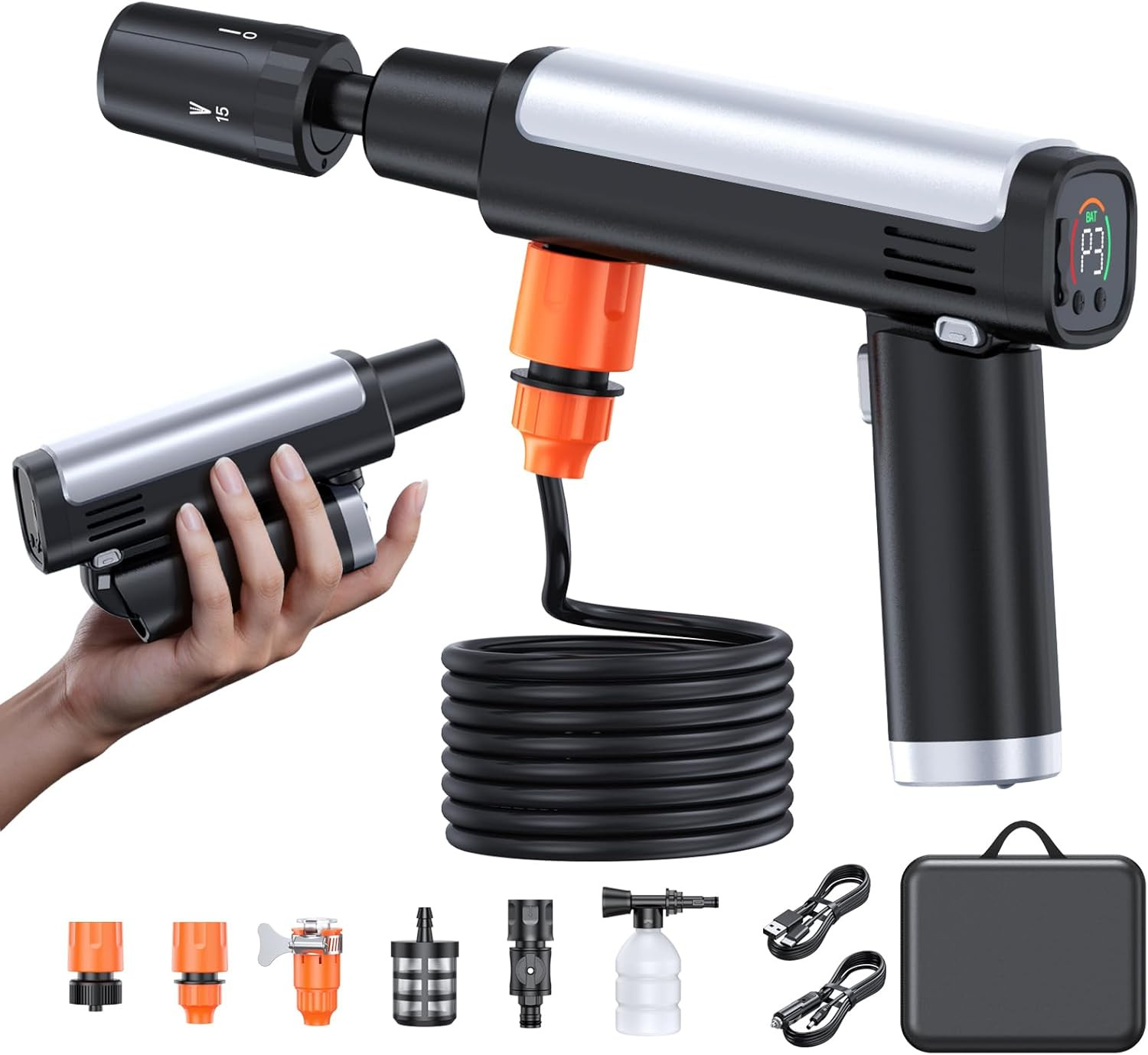 Foldable Pressure Washer Portable Battery Washer with 5-In-1 Nozzle, 3 Levels &