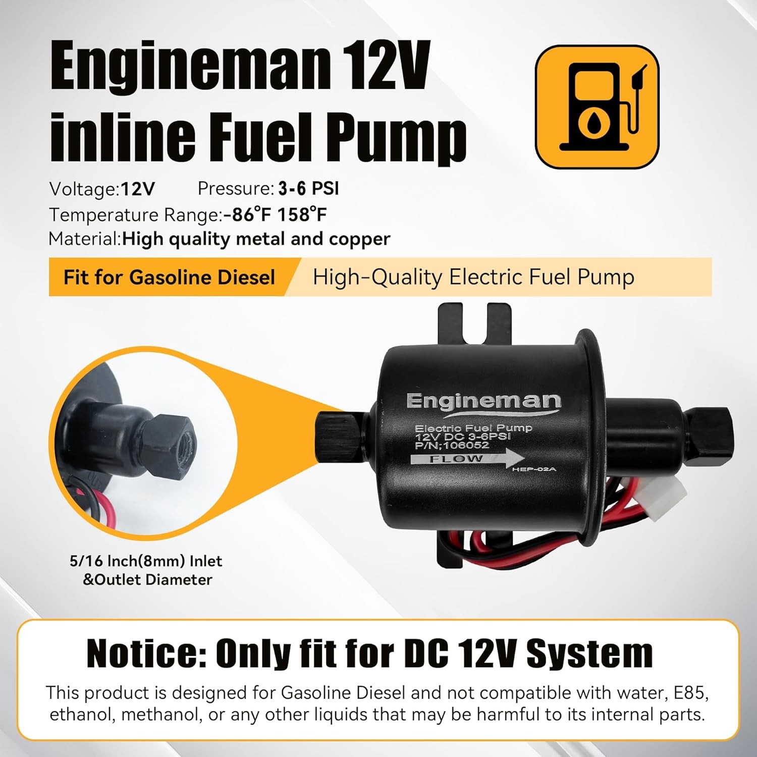Universal Electric Fuel Pump Kit 12V 3-6 PSI Low Pressure with Fuel Filter 6.56