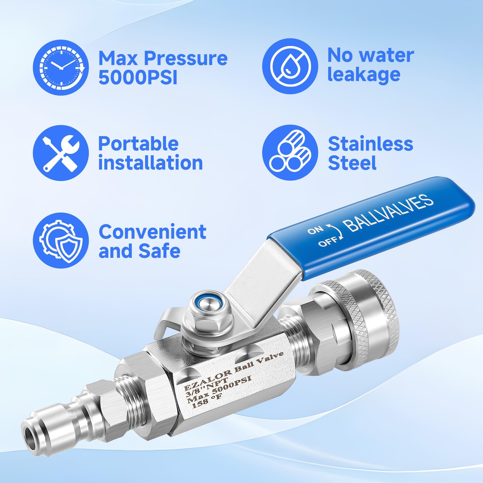 3/8 Inch Quick Connect Pressure Washer Hose Shut Off Ball Valve SS 5000PSI