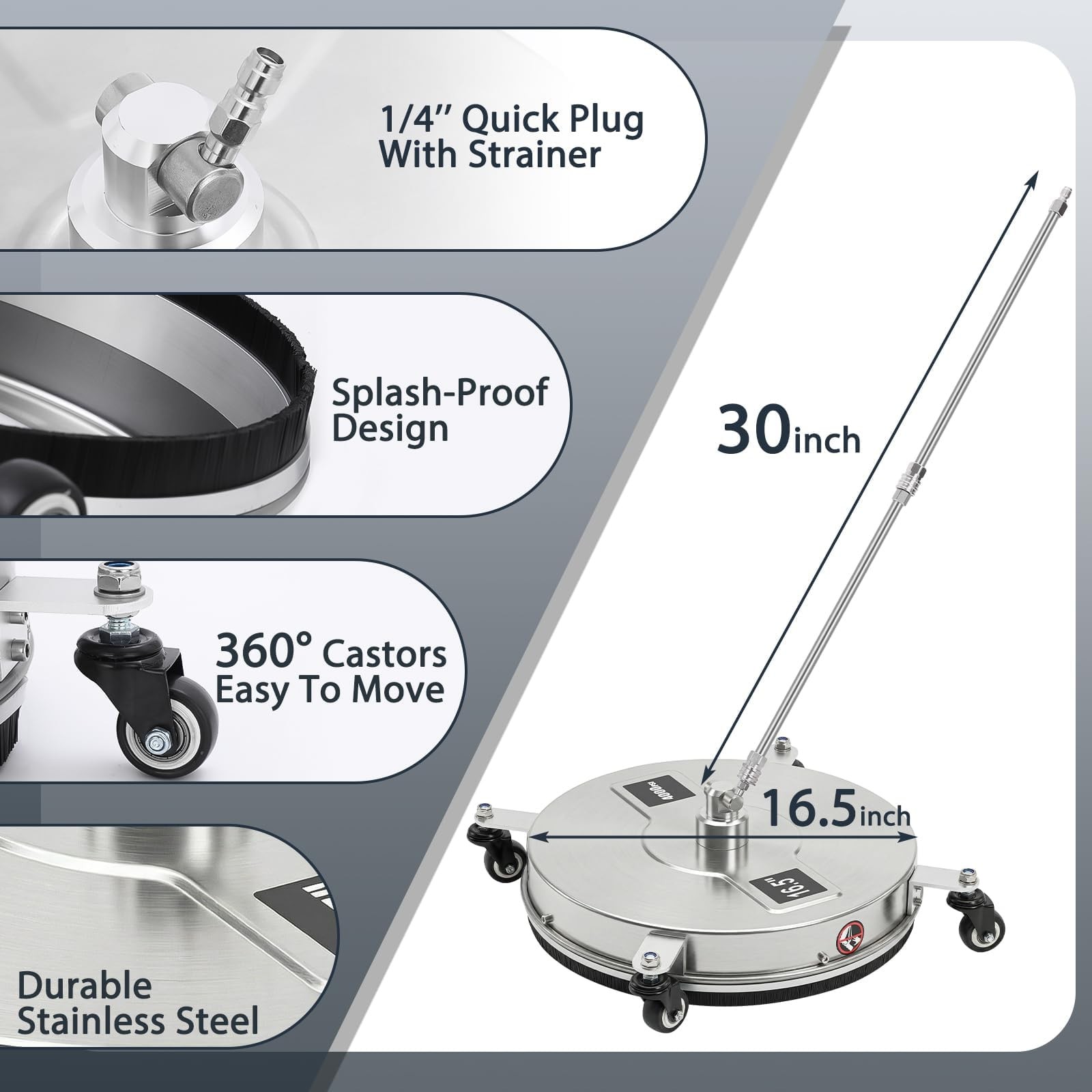 Dalmbox 16.5″ Pressure Washer Surface Cleaner, 4-Wheel Stainless Steel Rotary…