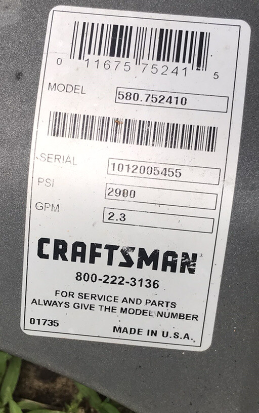 Base frame 196614GS Craftsman 580.752410 2900 PSI 2.3 GPM 7.0HP Pressure Washer