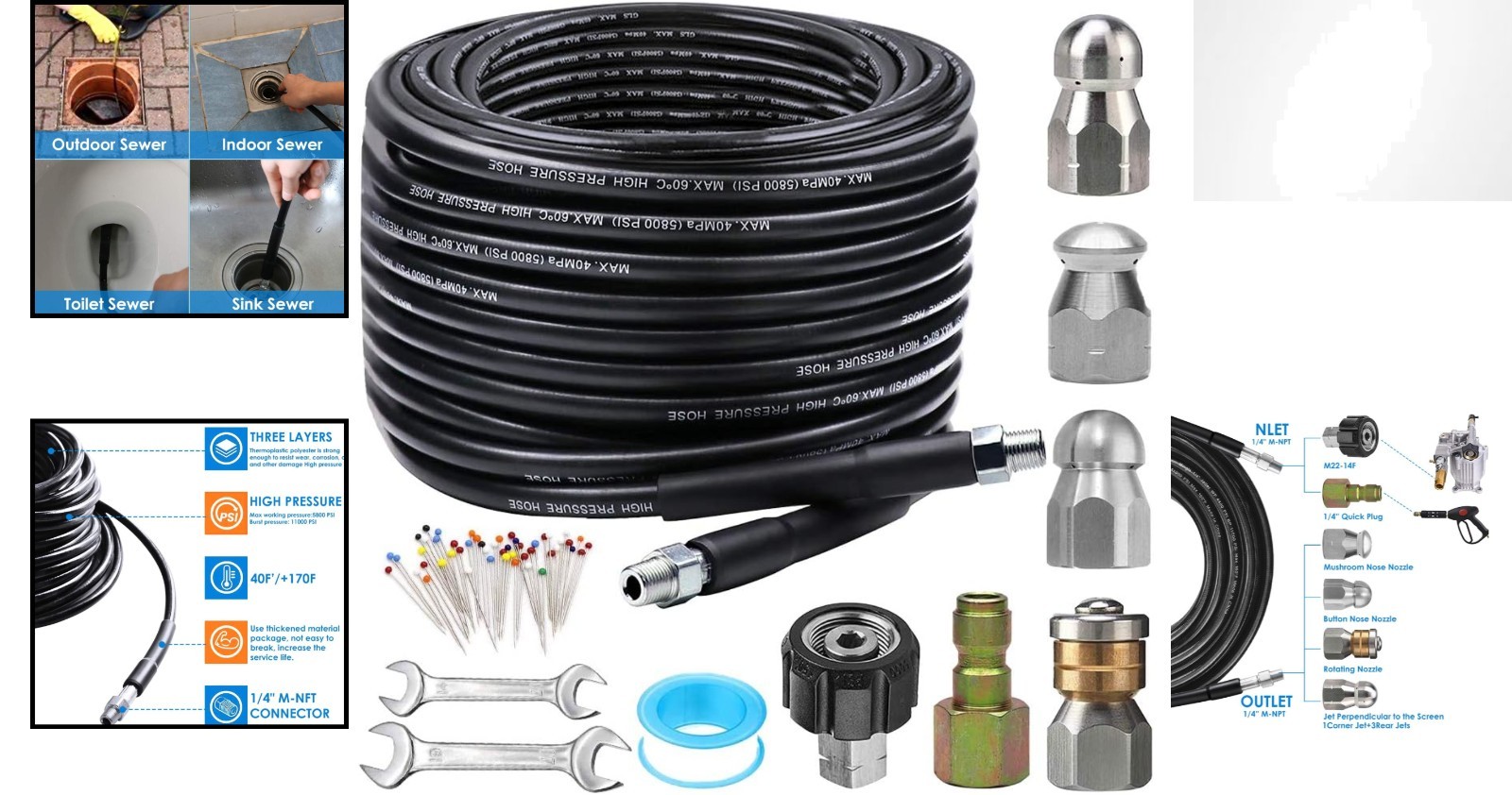 High-Pressure 100FT Sewer Jetter Kit for Effortless Drainage Maintenance