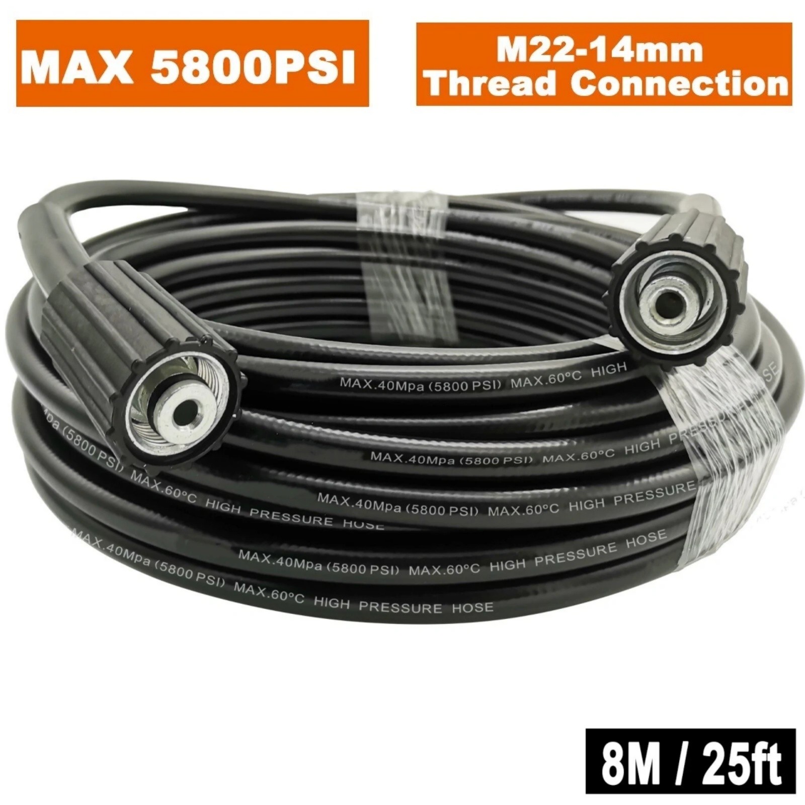 25ft 5800 PSI High Pressure Washer Hose – M22 14mm Connector – Replacement Hose