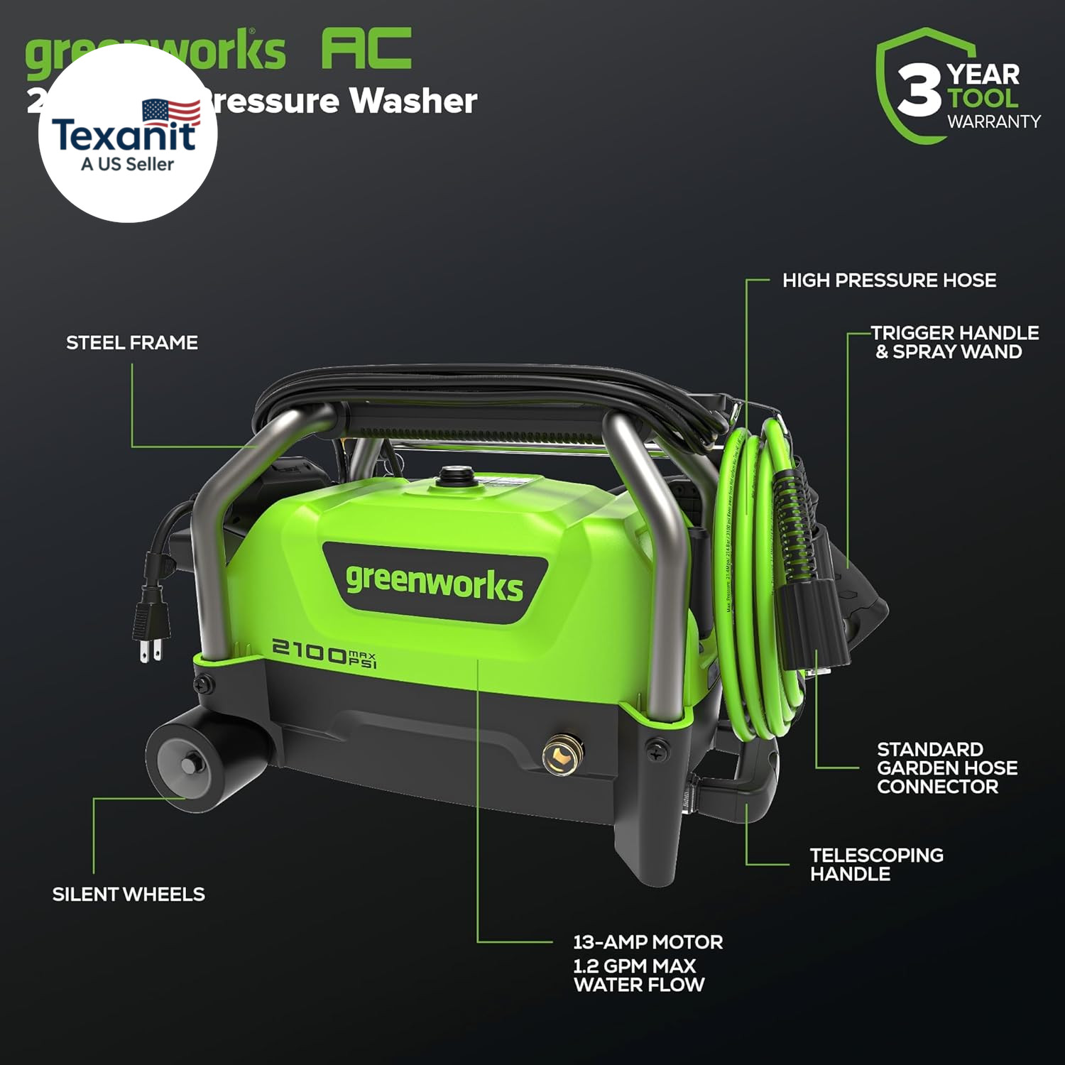 2100 PSI (SGS Certified) 1.2 GPM 13Amp Compact Electric Pressure Washer Telescop