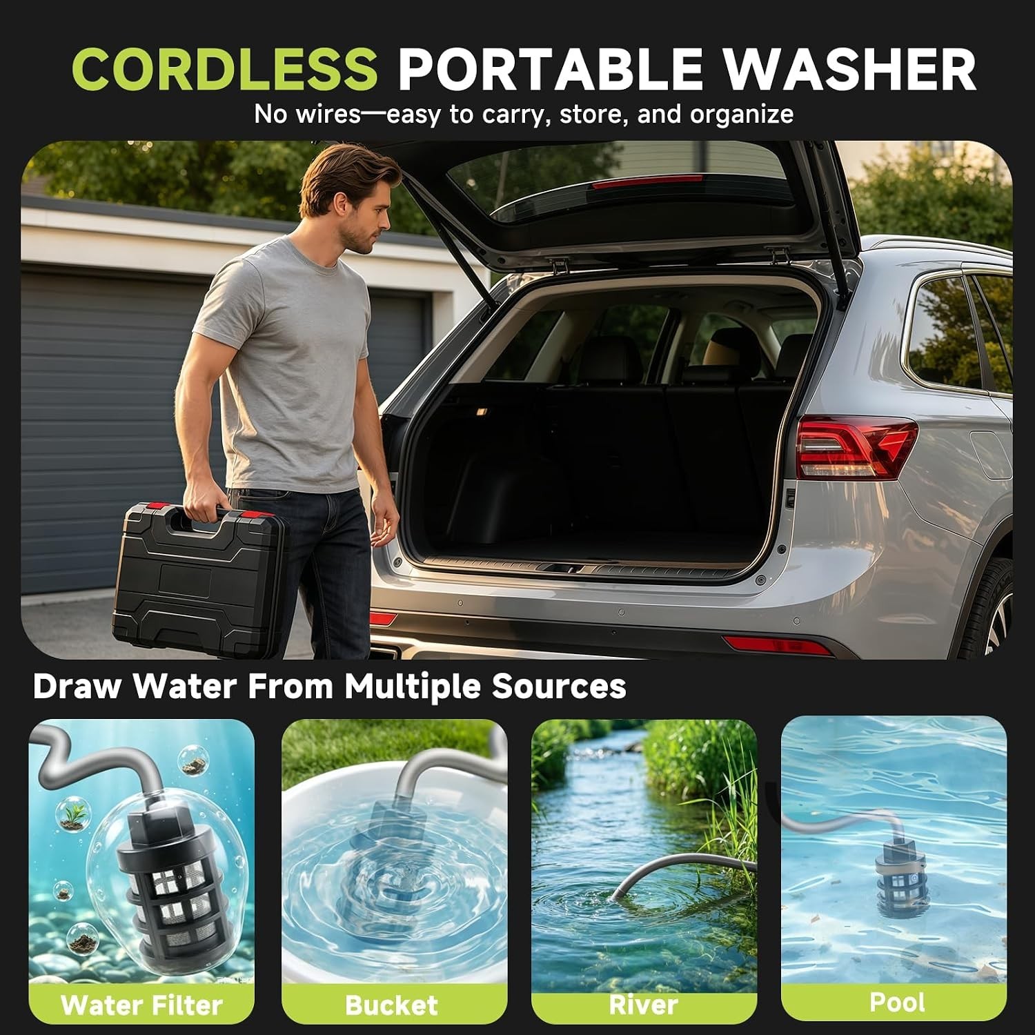 Cordless Portable Washer Battery Operated, 800 PSI Portable Handheld Washer 16ft
