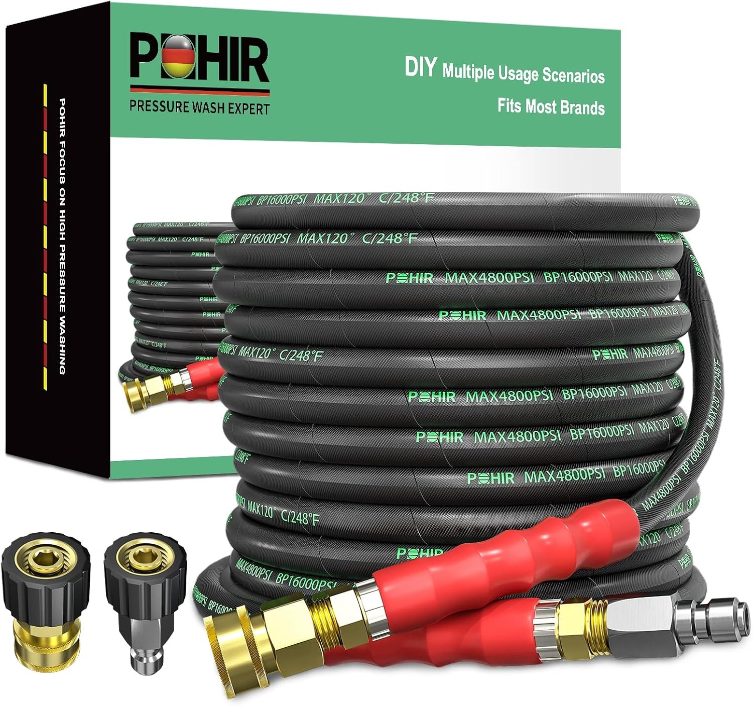 4800 PSI 3/8″ Pressure Washer Hose 50 FT with Quick Connect & 2 M22 14mm Adapter