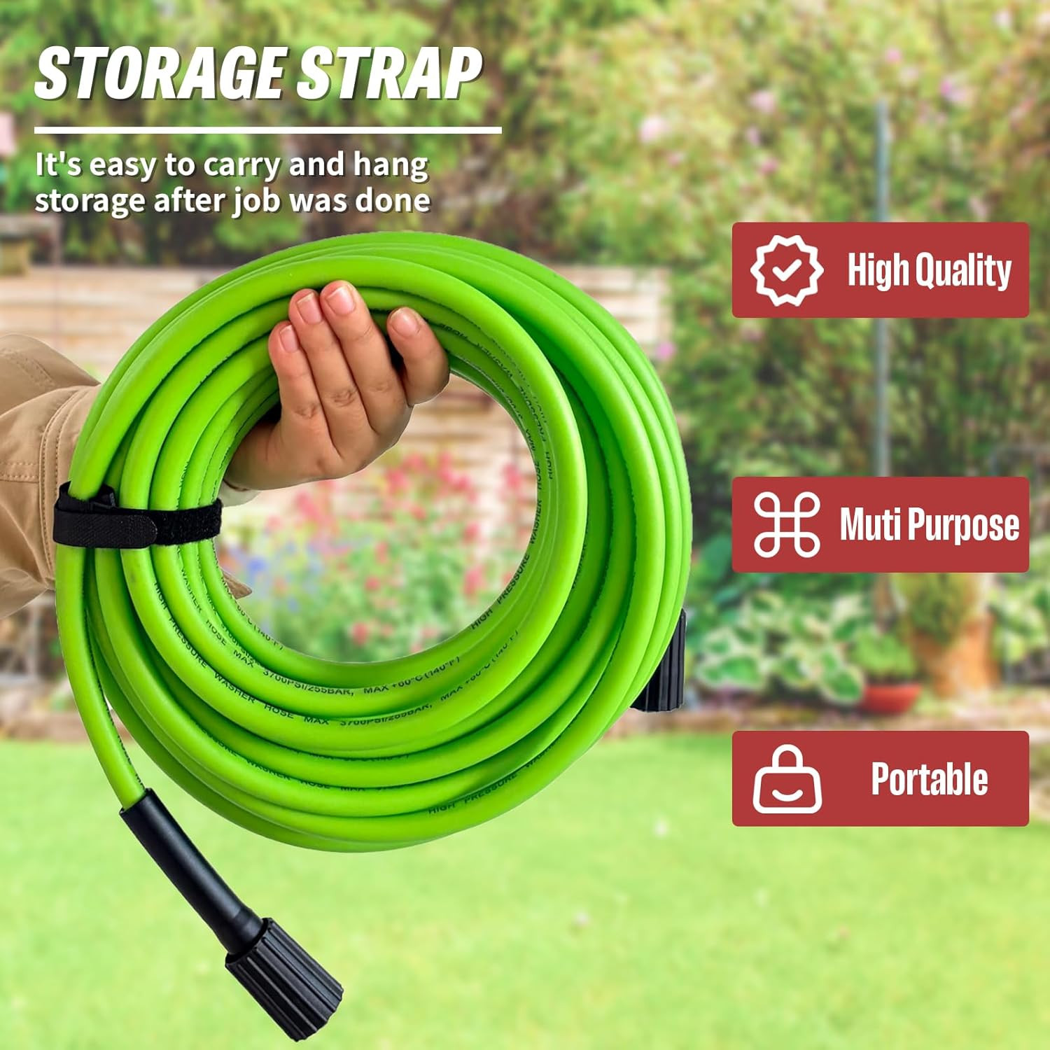 Pressure Washer Hose 50 FT, 1/4″ Super Flexible Green Power Washer Hose, 3700 PS