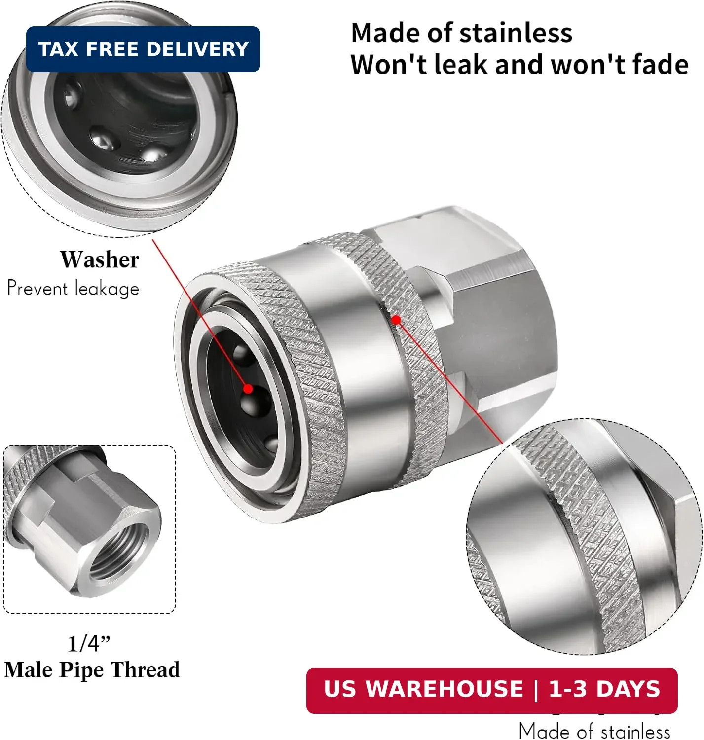 4 Sets NPT 1/4 Inch Pressure Washer Coupler Quick Connect Plug Male Fem