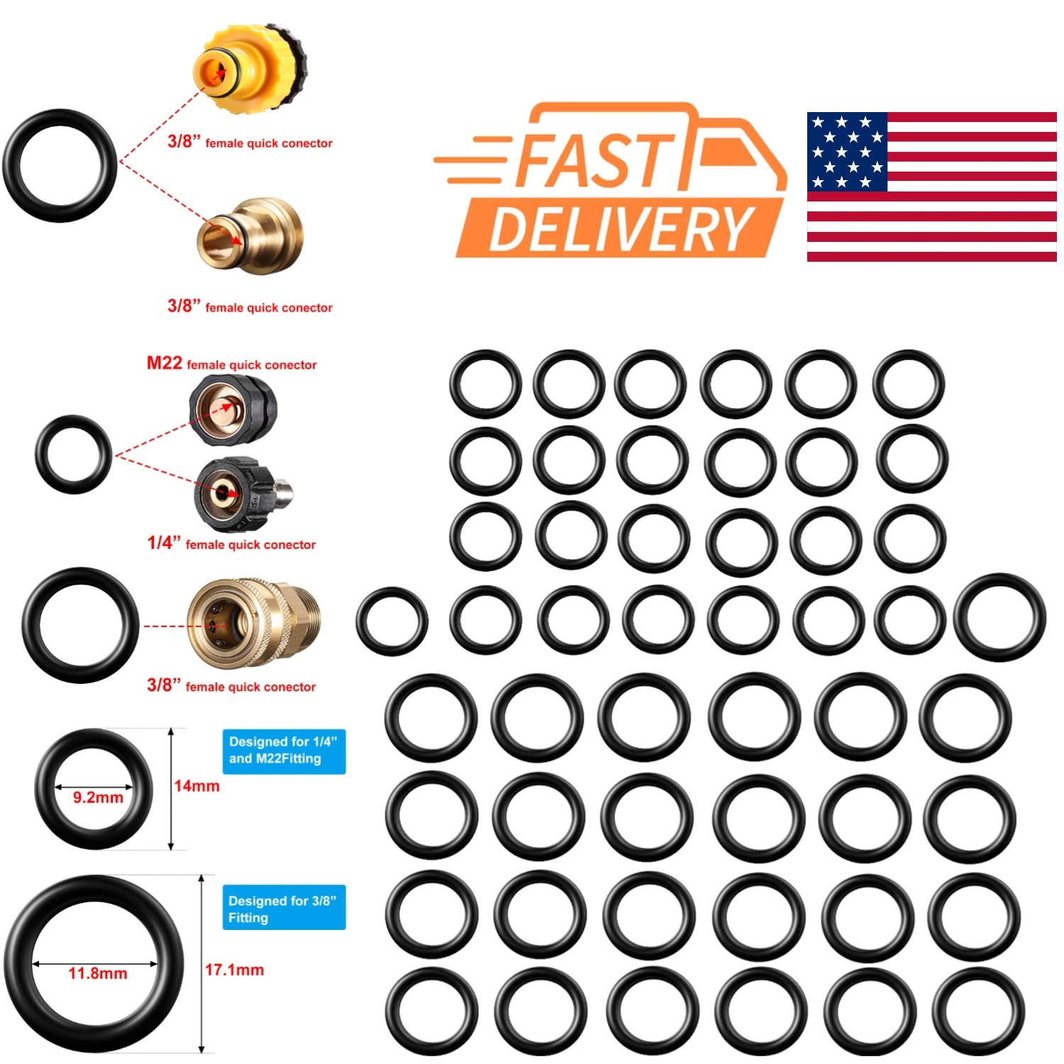 50 Piece O Ring Set for Pressure Washers 1/4 Inch and 3/8 Inch Quick Connect