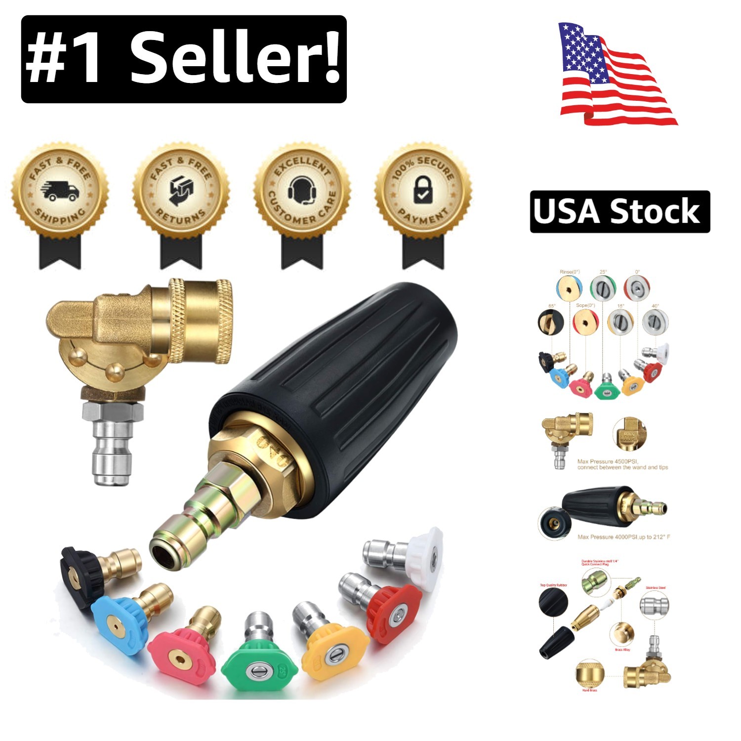 4000 PSI Turbo Nozzle Kit with 7 Spray Tips & 4500 PSI Coupler for All Clean