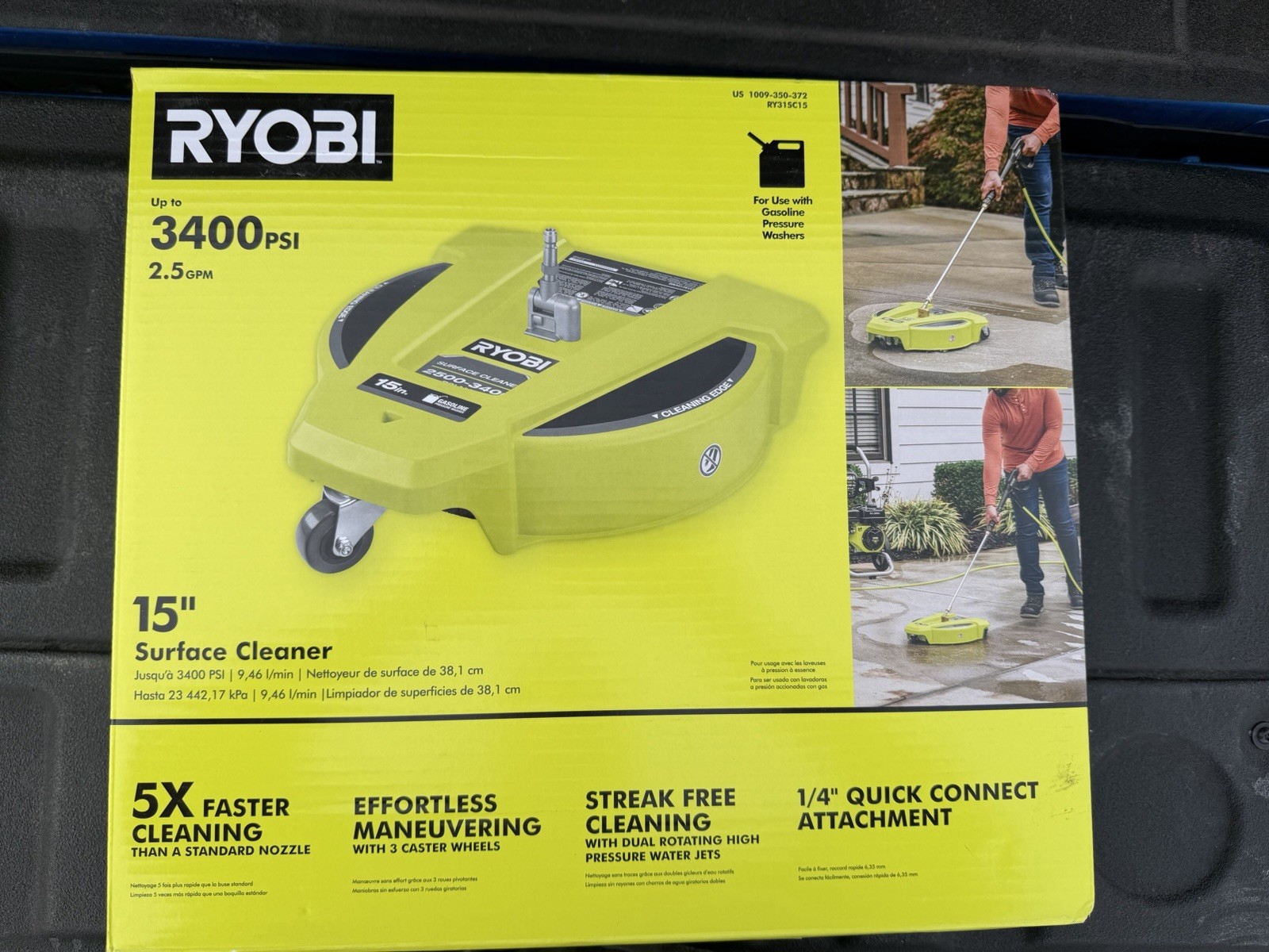 Ryobi 15 in. 3400 PSI Gas Pressure Washer Surface Cleaner with Caster Wheels New