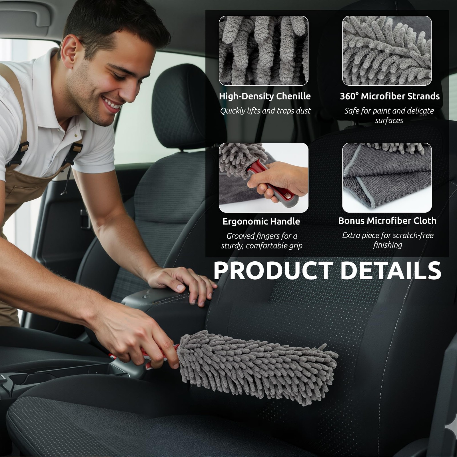 Car Duster Interior by TAKAVU, 360° Microfiber Chenille with Towel, Gray
