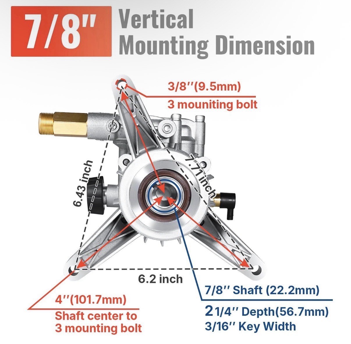 7/8″ Shaft Vertical Pressure Washer Pump Rear Inlet Outlet 3000 PSI 2.5 GPM