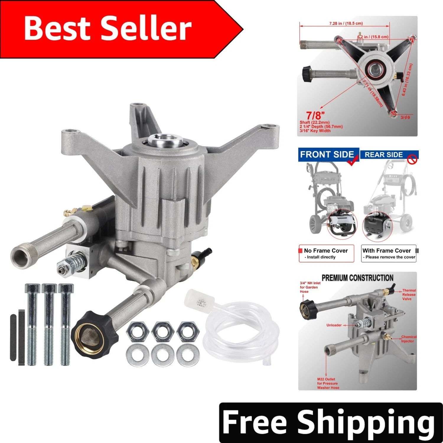 Replacement Pressure Washer Pump, 3400 PSI Max, 2.5 GPM, Built-in Thermal Valve
