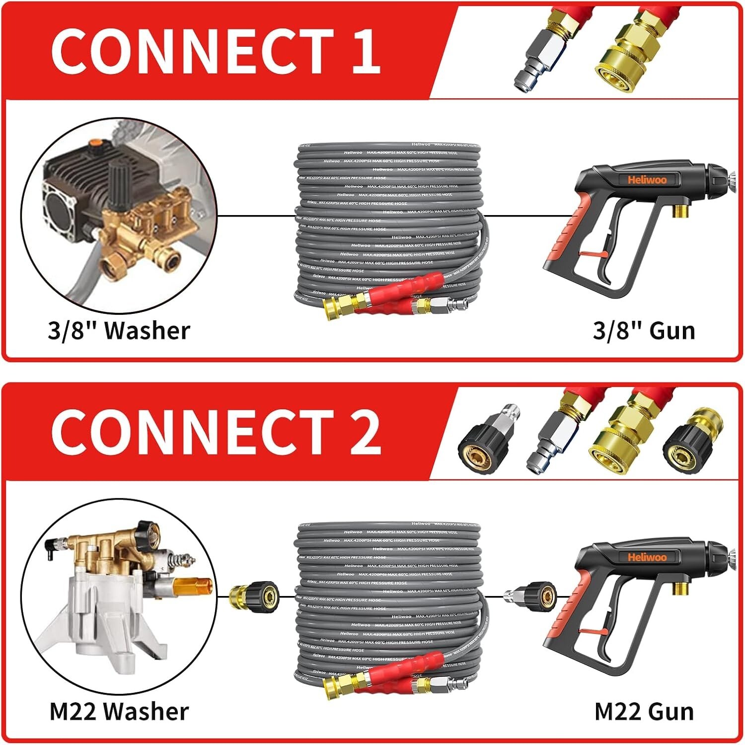 Heliwoo 50FT 1/4″ Pressure Washer Hose 4200PSI Flexible Wire Power Washer Hose