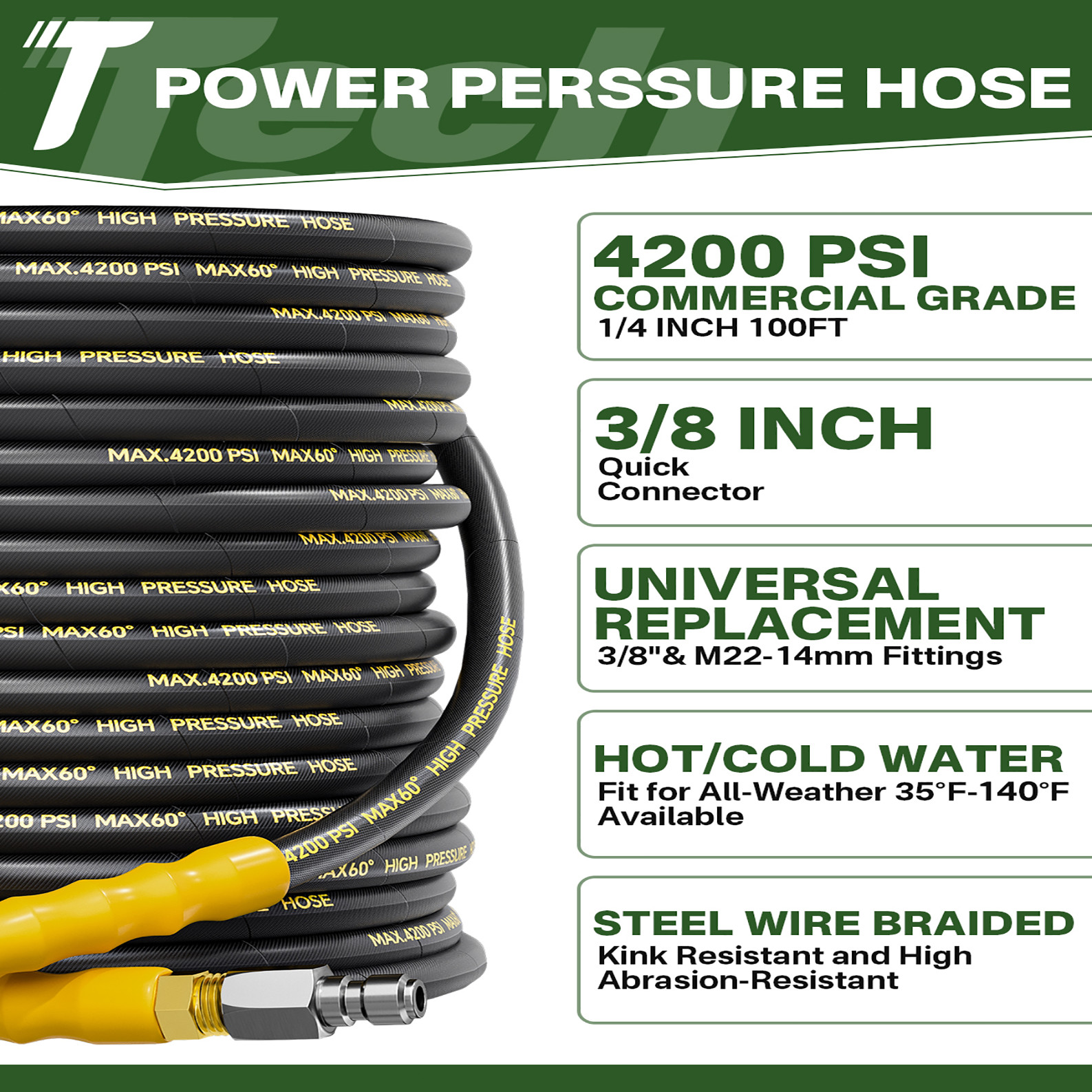 200FT 1/4″ 4200PSI Pressure Washer Hose W/3/8″ Quick Connect Kink Resistant Hose