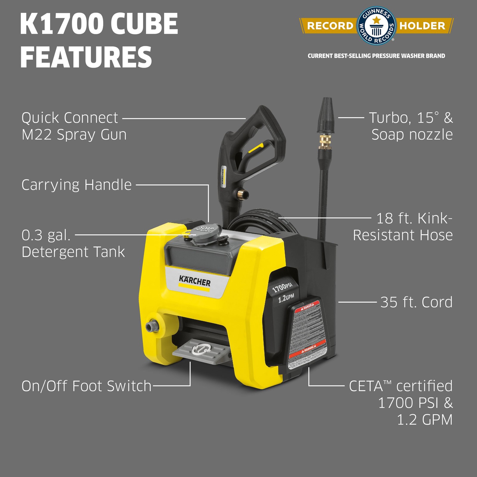 Kärcher Pressure Washer K1700 Cube, CETA Certified, 3 Yellow