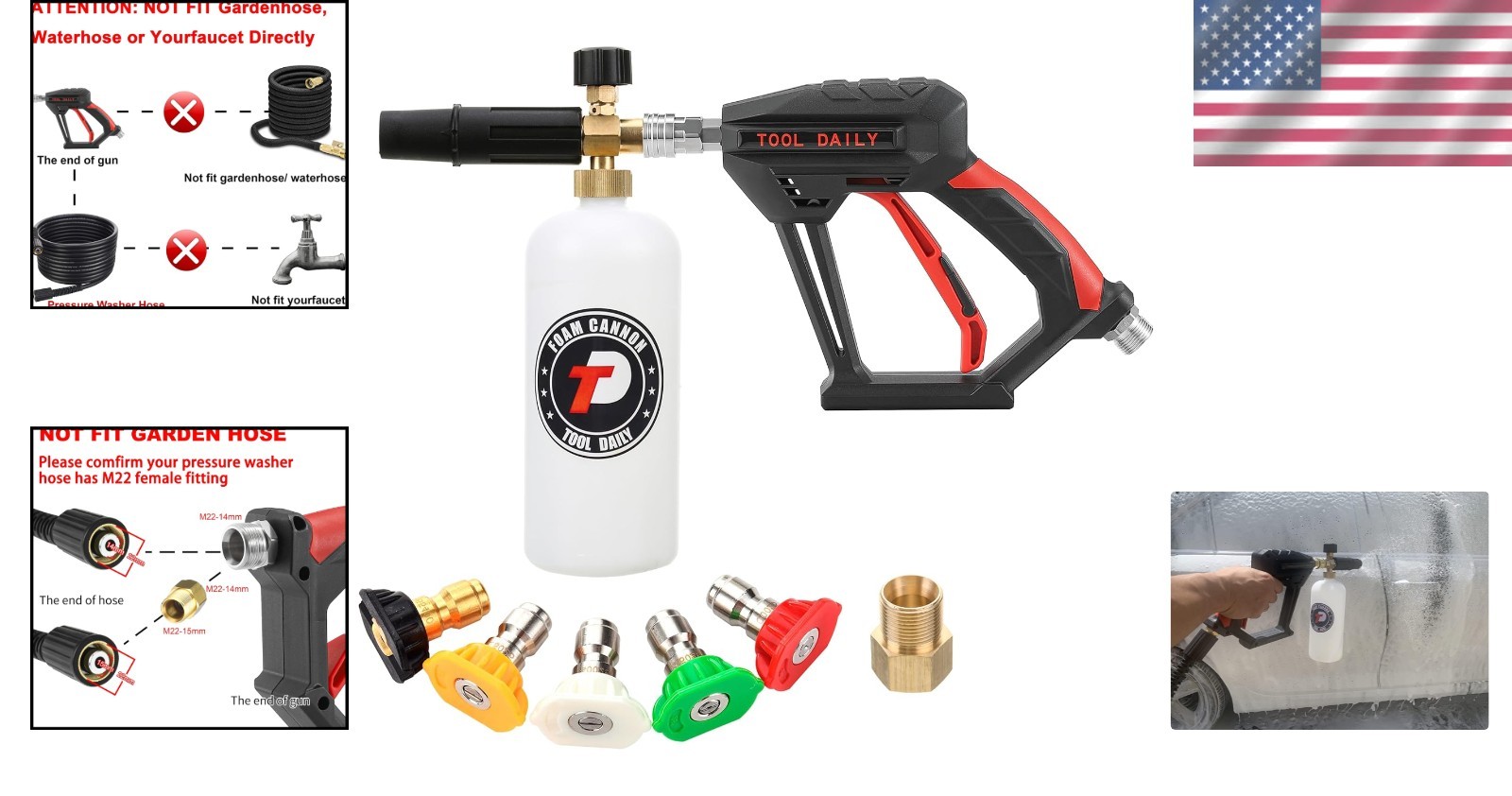 Compact Pressure Washer Foam Gun with 1/4″ Connector & 5 Interchangeable Tips