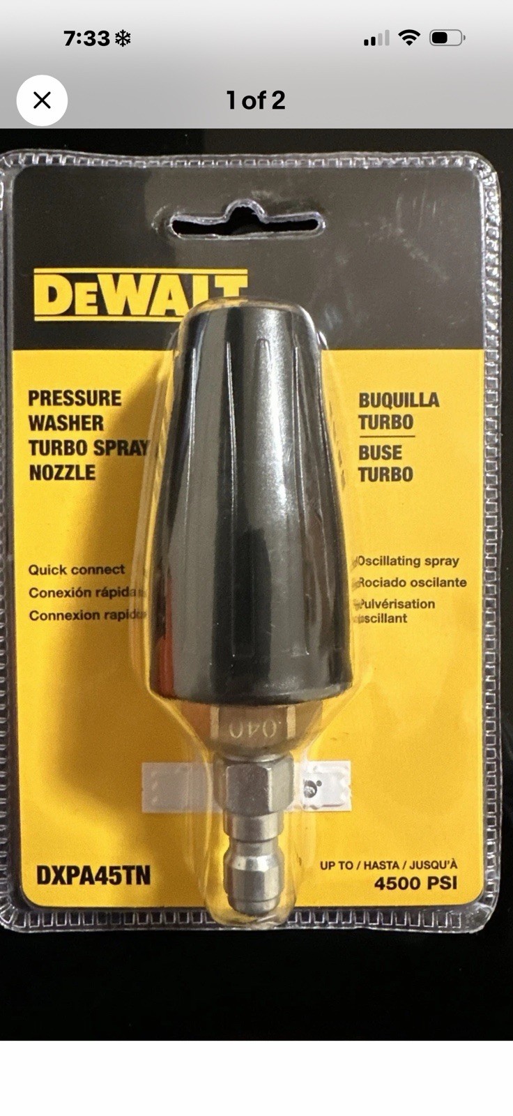 Dewalt DXPA45TN 4500 PSI Pressure Washer Turbo Spray Nozzle -brand New