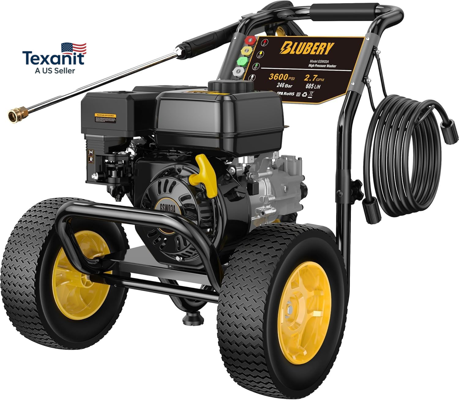 3600 PSI Gas Pressure Washer, 2.7 GPM Heavy Duty High Power Washer, 30Ft Pressur