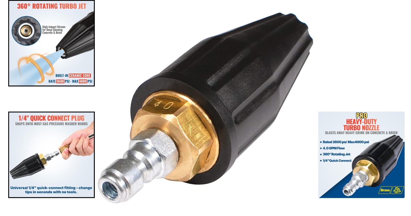 3600 PSI Turbo Nozzle with 360° Rotation for High-Efficiency Power Washing