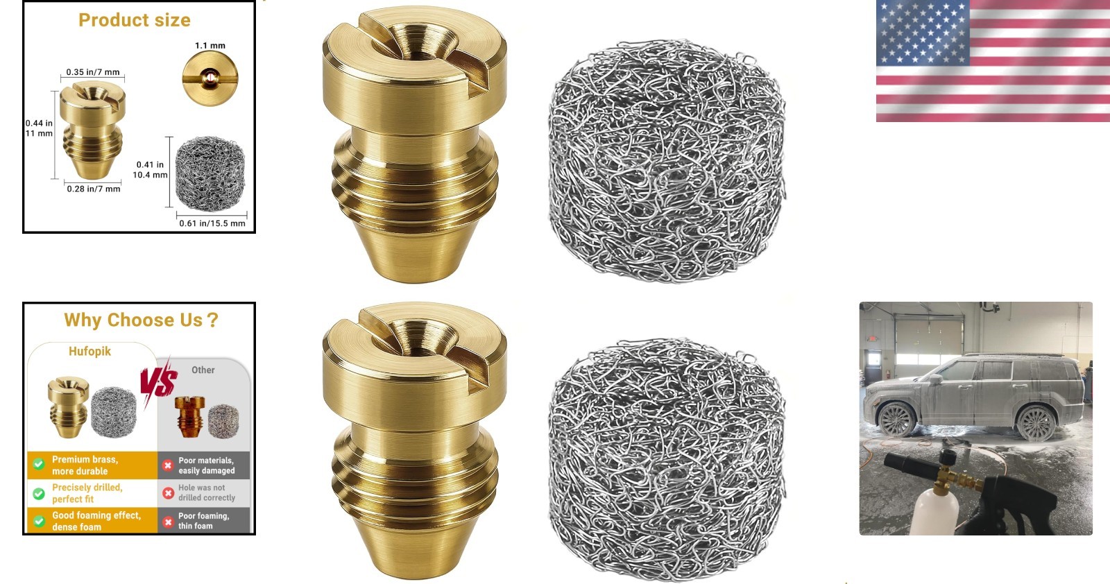 2-Piece Brass Foam Cannon Orifice Nozzle Set, 1.1 mm for Optimal Foam Generation