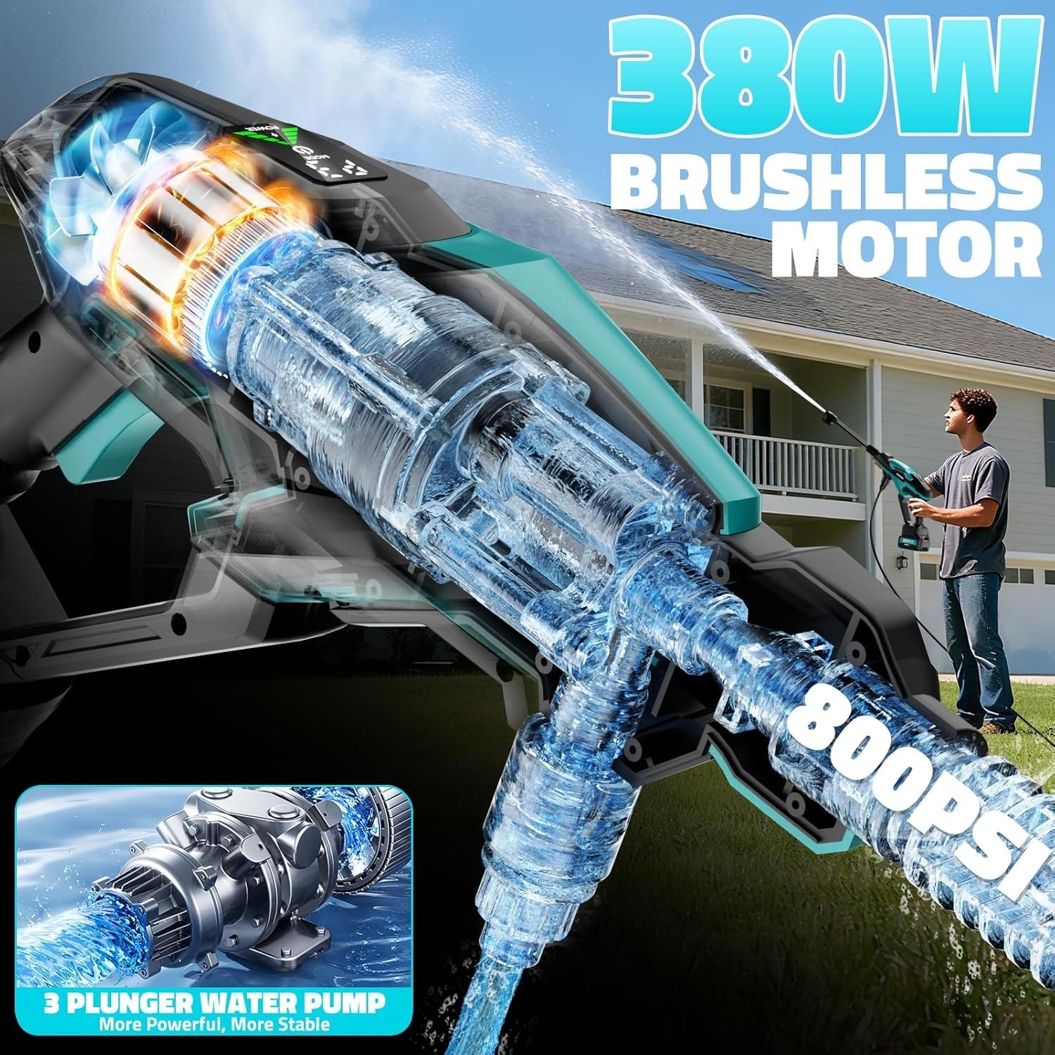 800PSI Brushless Cleaner: Cordless Tool with Adjustable Power and 6 Nozzles