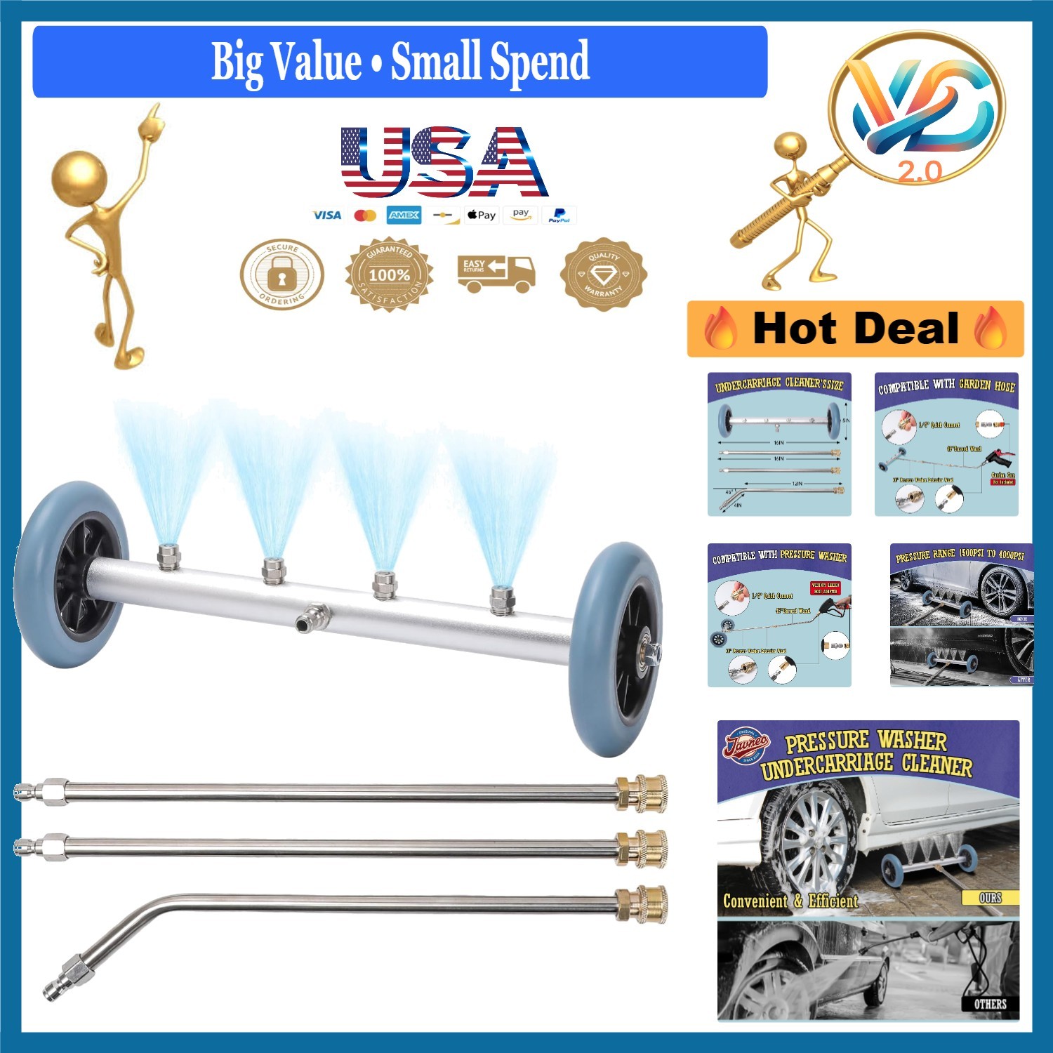 16 Inch Pressure Washer Undercarriage Cleaner 4000 PSI with 3 Wands