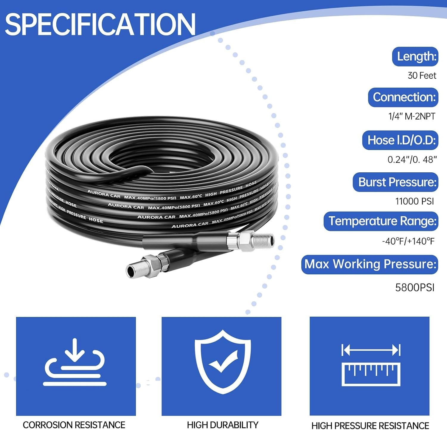 Sewer Jetter Kit 30 FT 1/4 Inch NPT 5800PSI Drain Cleaner Hose