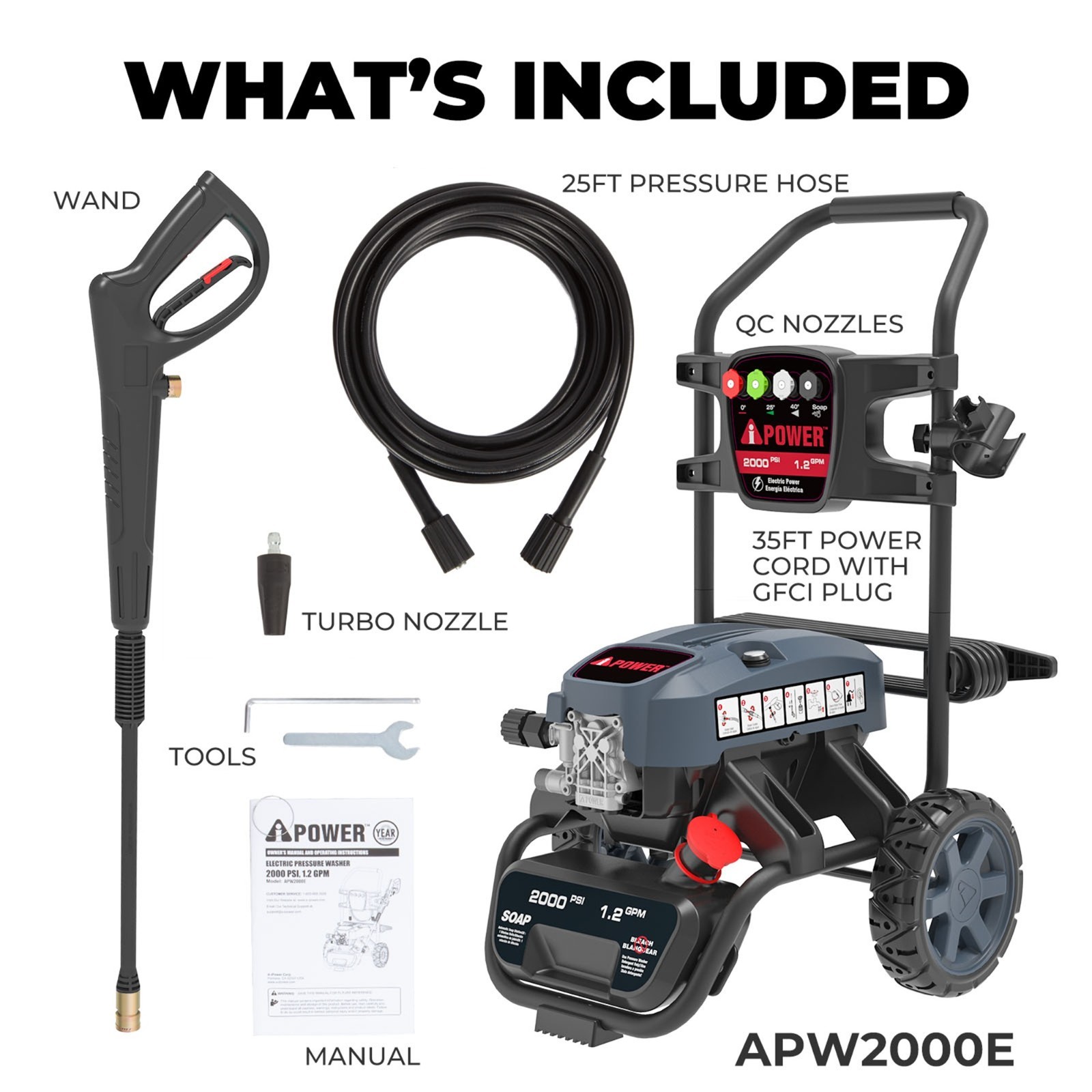 A-iPower 2000PSI 1.2GPM Electric Pressure Washer with 5 QC Nozzles Soap Tank