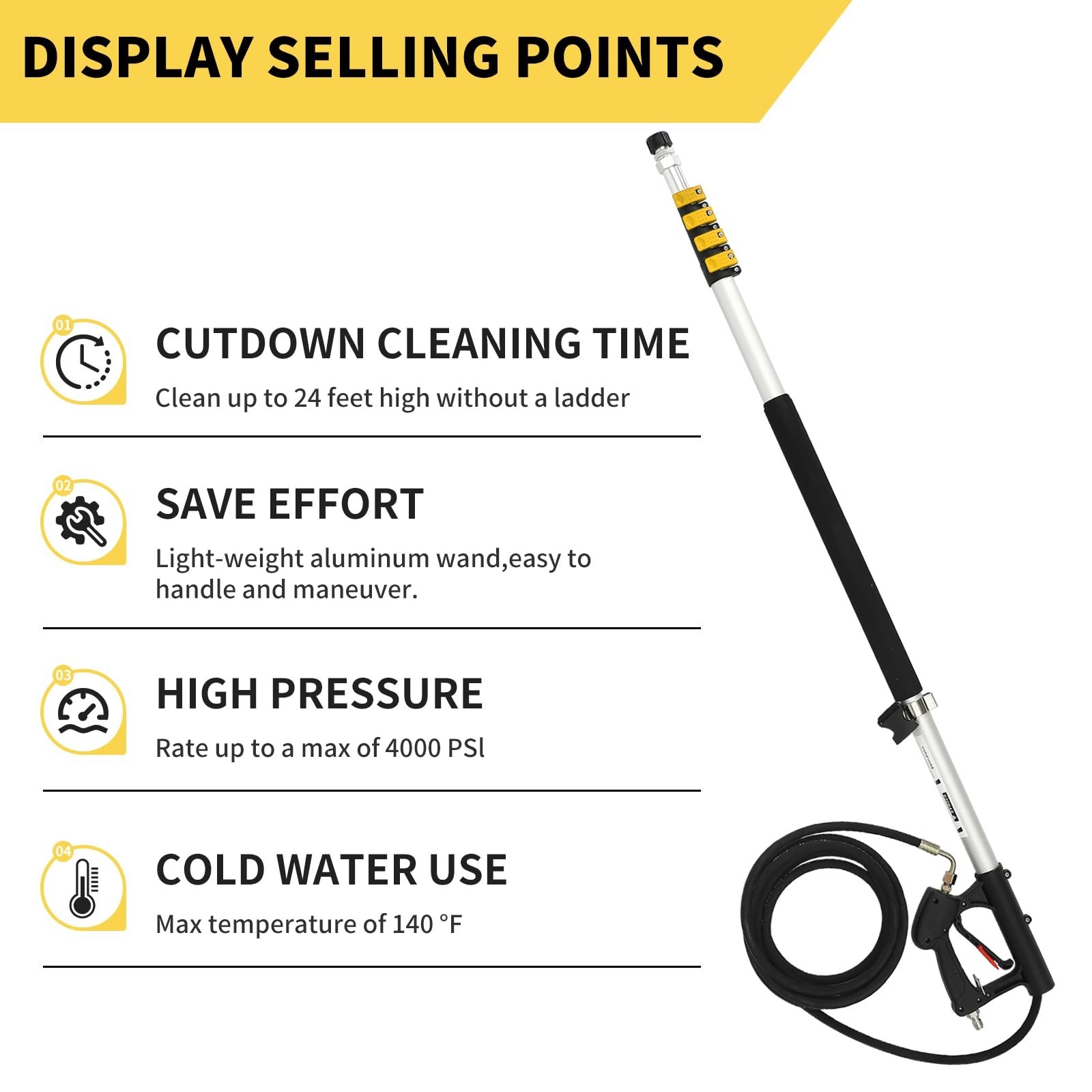 24FT Telescoping Pressure Washer Wand, Extension with Brush, Gutter Cleaner & No