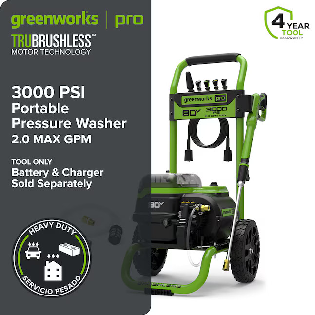 Greenworks PW80L00 Pro 3000-PSI 2-GPM Water Battery Pressure washer 5 Spray Ti