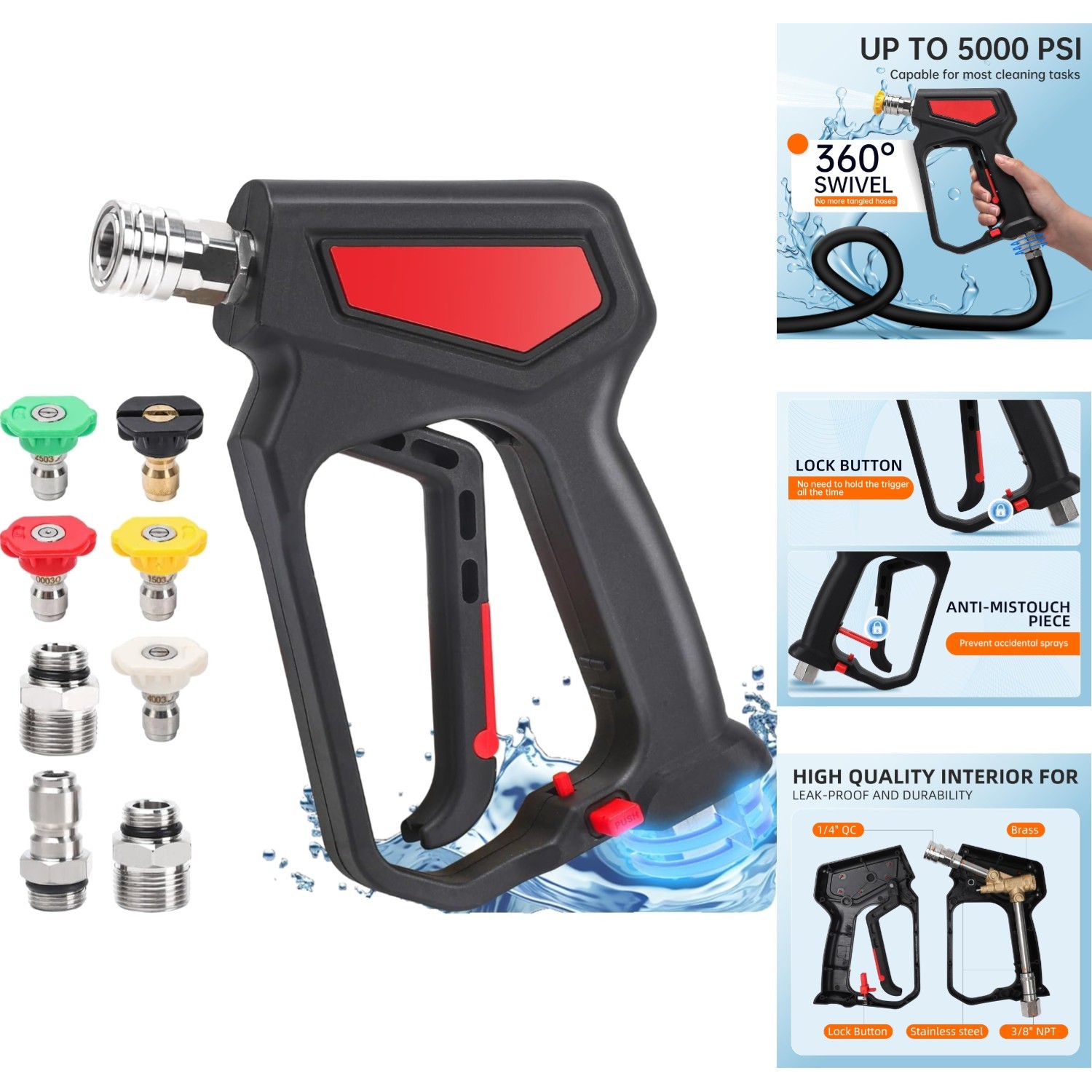 5000 PSI Pressure Washer Short Gun Swivel 10.5 GPM High Power 5 Nozzle Tips Kit