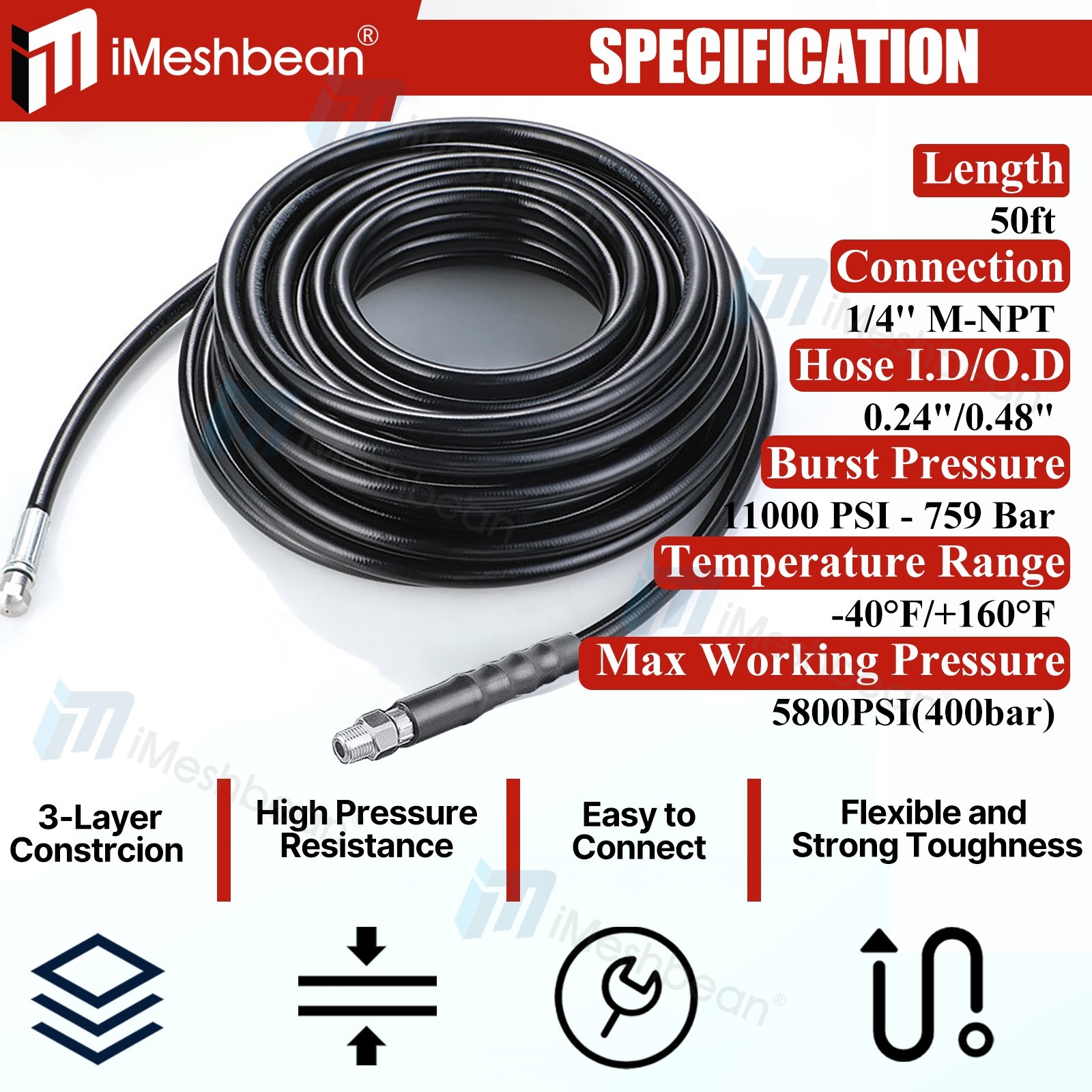 Sewer Line & Drain Jetter Kit, 1/4″ x 50FT Hose w/ Sewer Nozzle & Adapter 5800PS