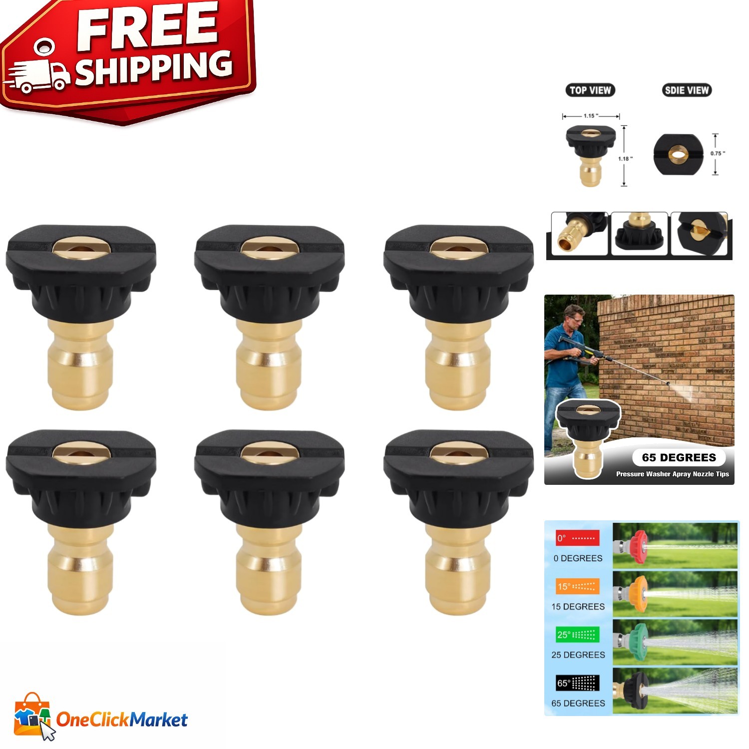 Up to 4000 PSI Pressure Washer Nozzles, 6-Pack 65-Degree Stainless Steel Tips