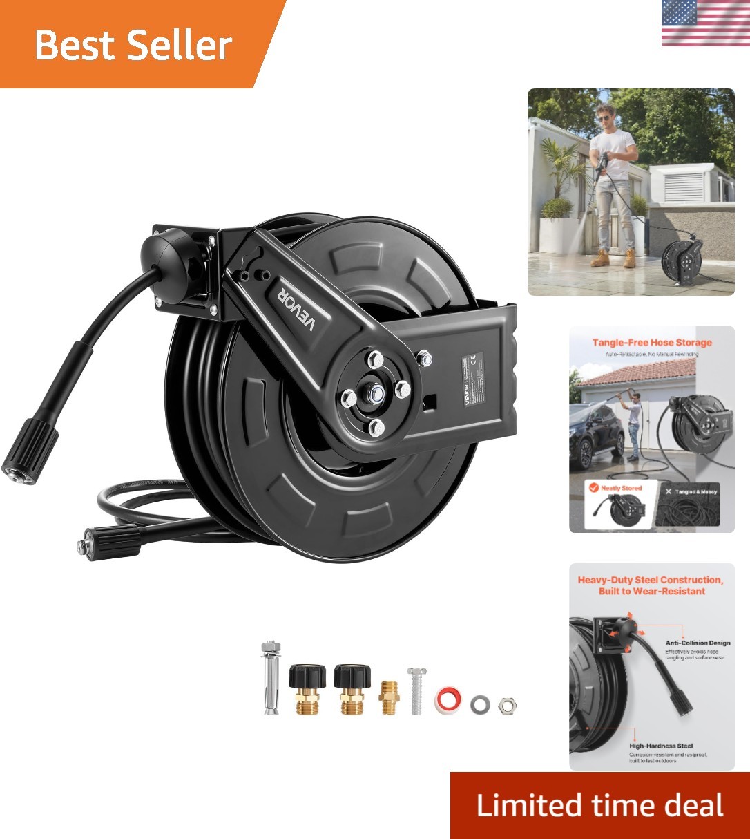 Steel Pressure Washer Hose Reel 60 Ft x 1/4 inch – Hassle-Free Storage