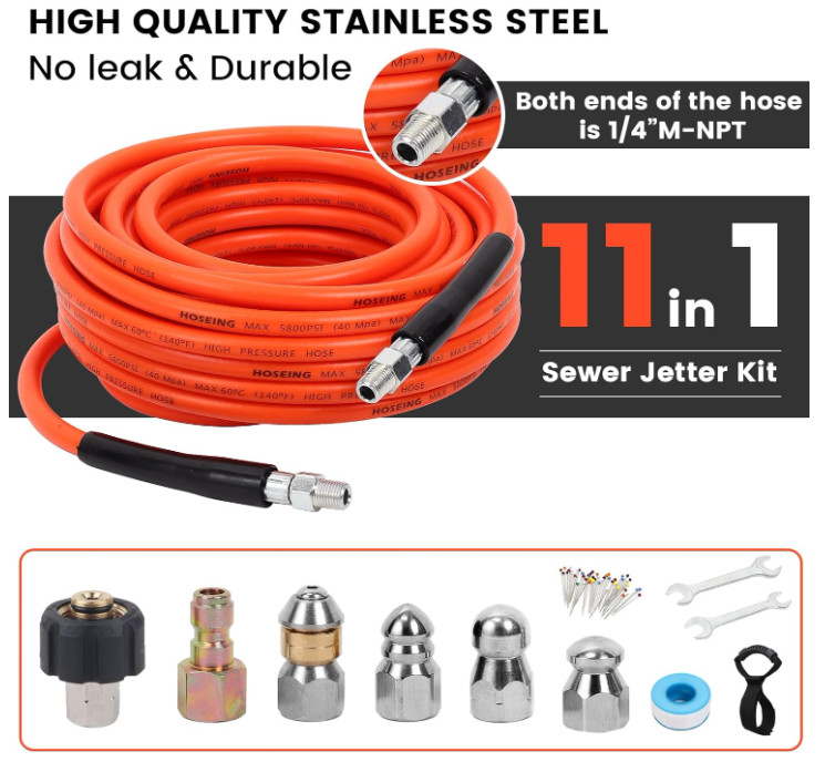 100FT Sewer Jetter Kit for Pressure Washer, 5800 PSI Water Jet Drain Cleaner