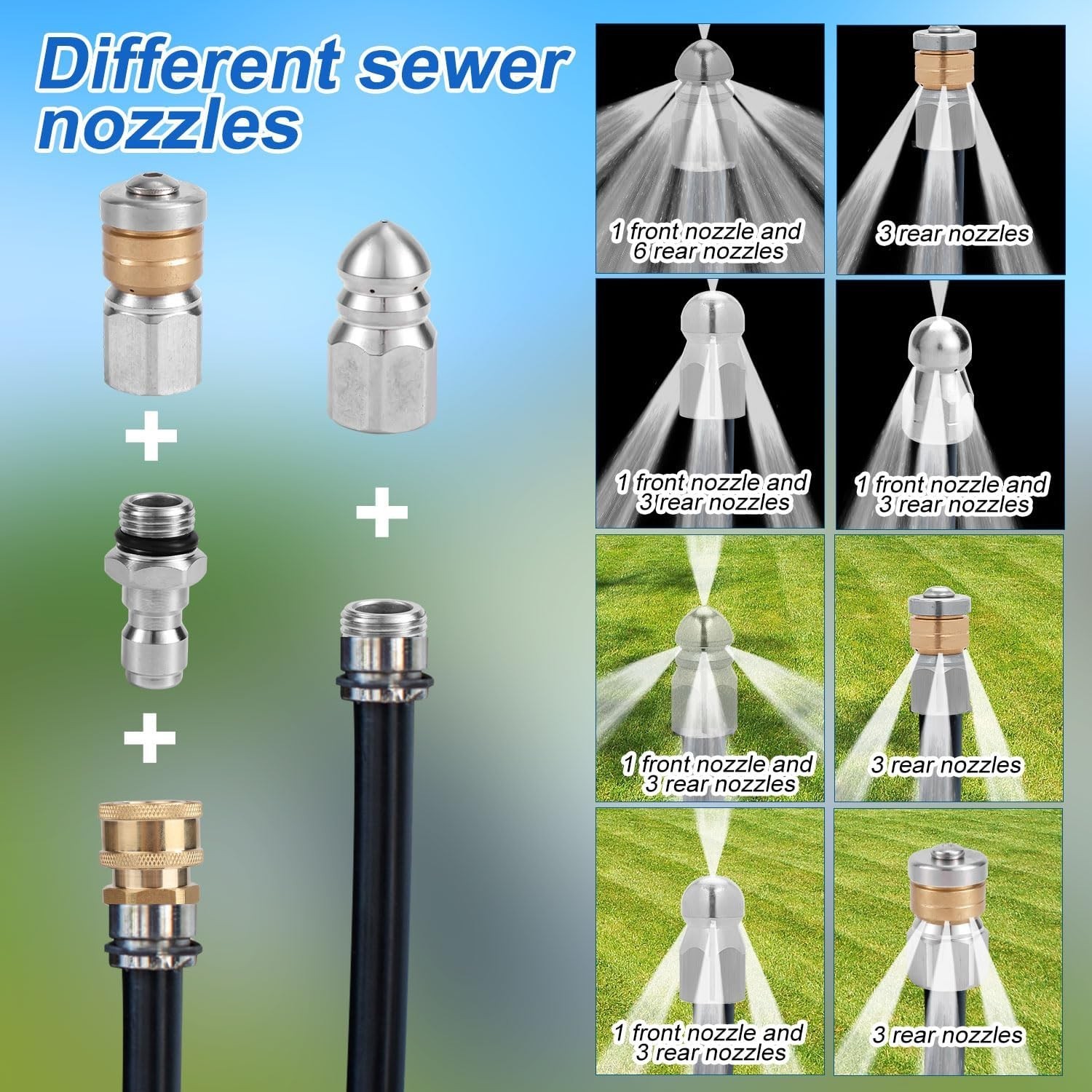 10pcs Sewer Jetter Nozzle with 1/4″” & 3/8″” NPT Quick Connectors, Stainless St