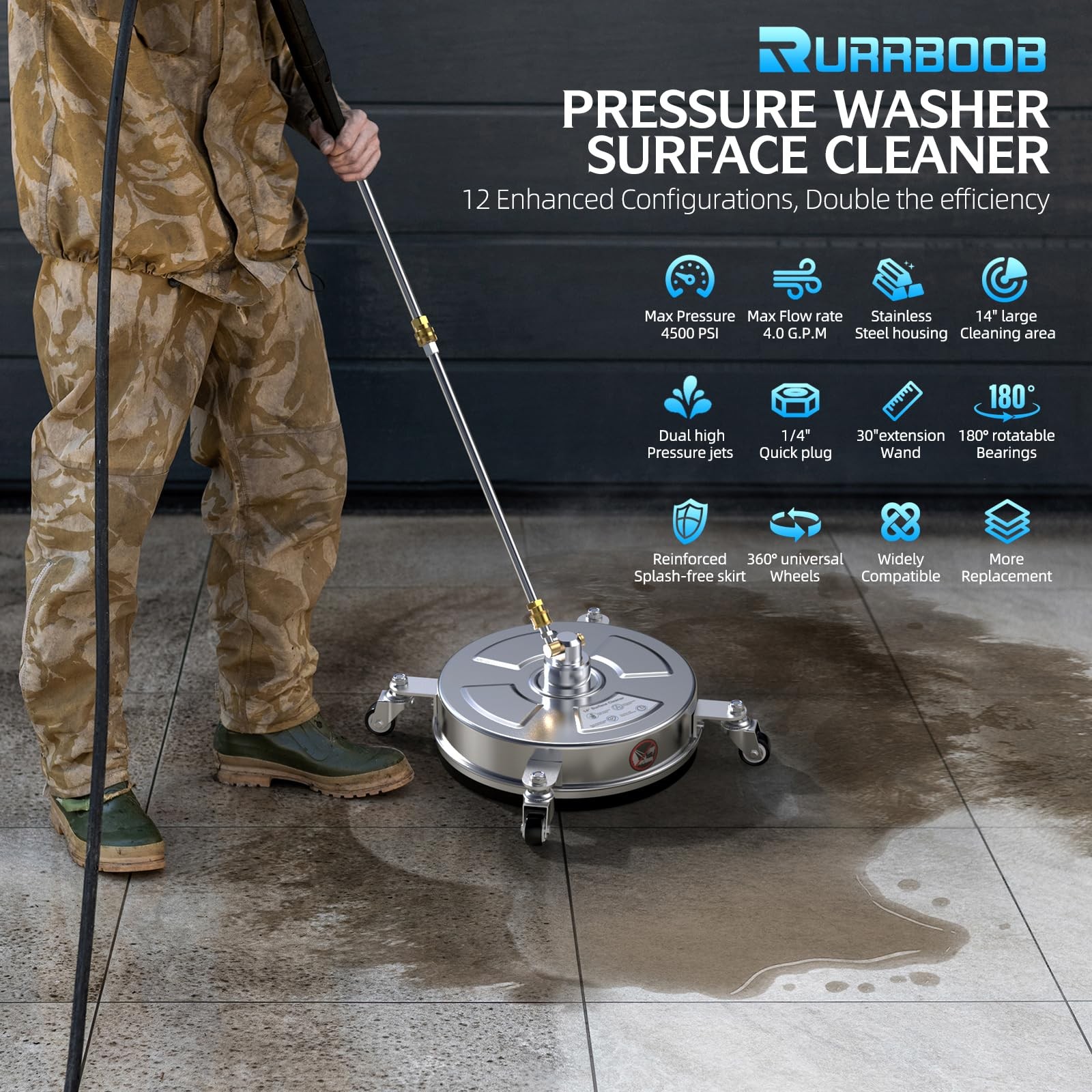14″ Pressure Washer Surface Cleaner 4500 PSI with 304 Industrial-grade Stainl…