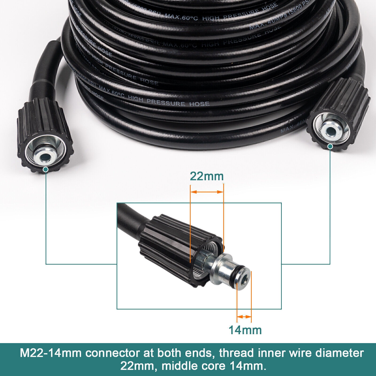 20FT High Pressure Washer Hose 5800PSI M22 14MM Power Washer Extension Hose USA