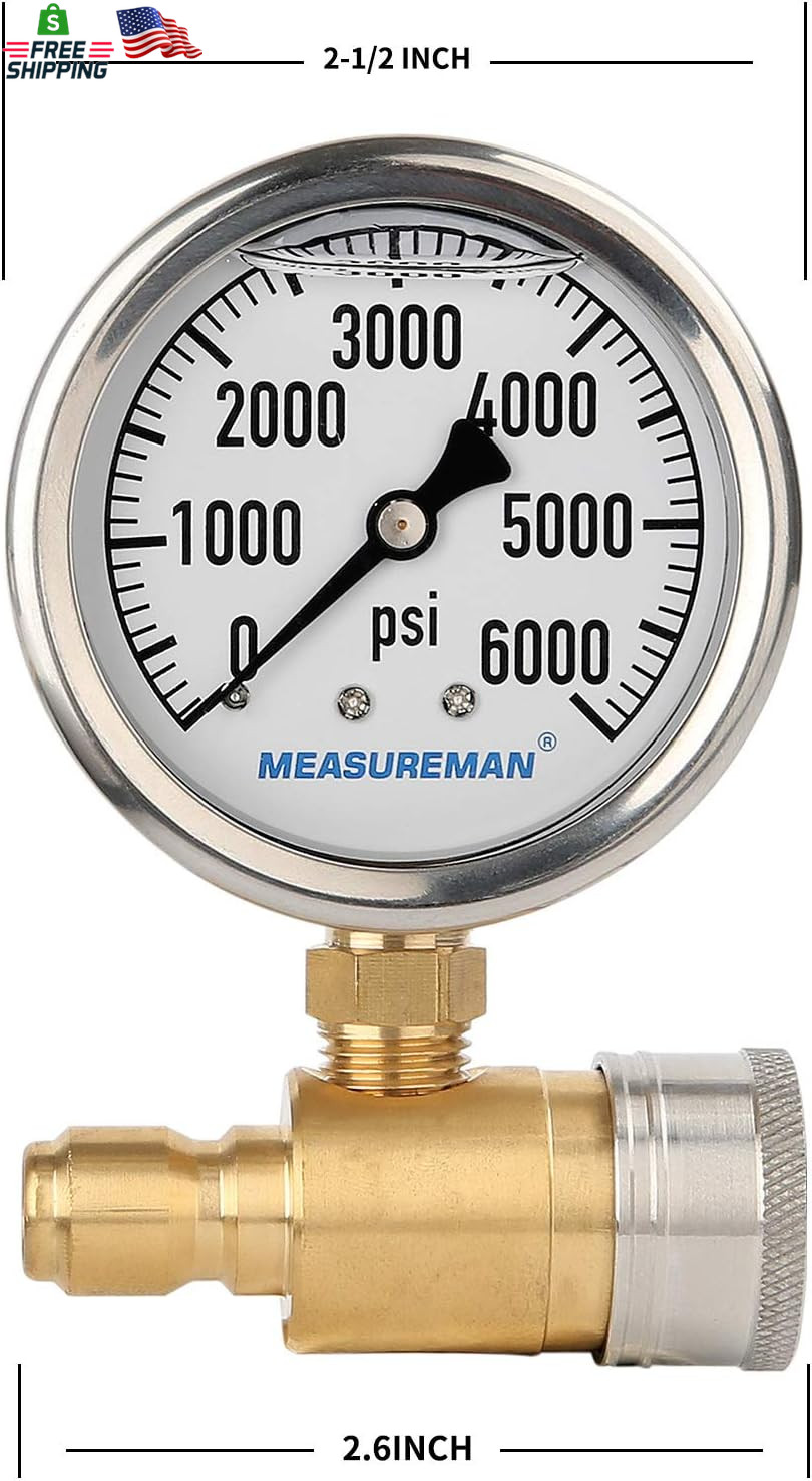 Measureman 2-1/2″ Pressure Washer Gauge, Pressure Gauge Kit, 3/8 Inch Quick Conn