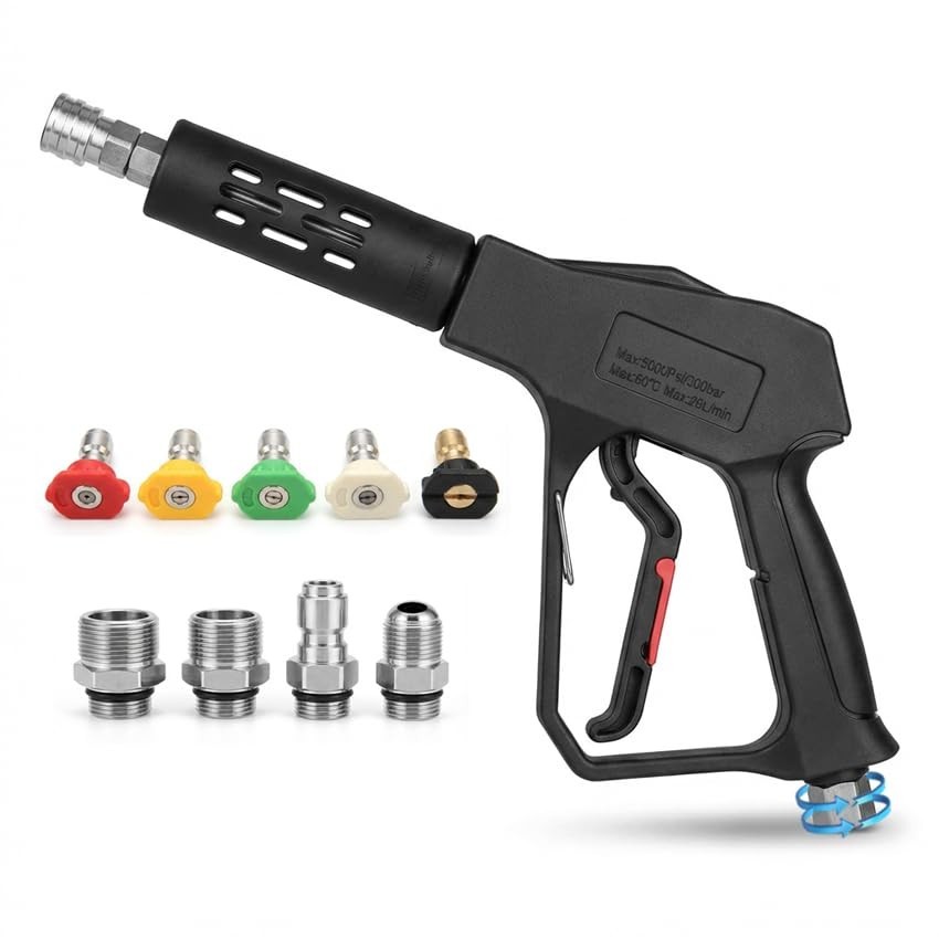 Swivel Pressure Washer Gun 5000PSI Short Wand with 5 Nozzles & Adapters for Car