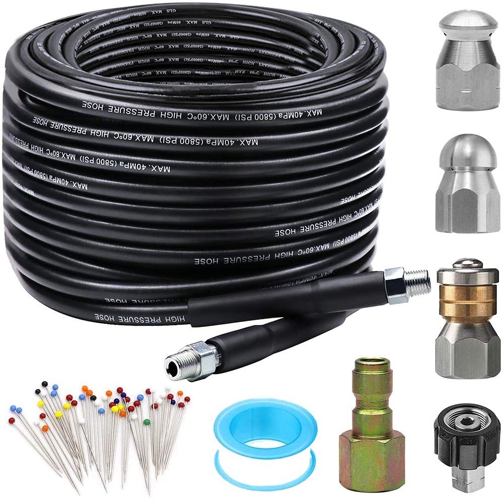 High-Pressure Sewer Jetter Kit 50FT, 5800PSI, 1/4″ NPT, Drain Cleaning Hose