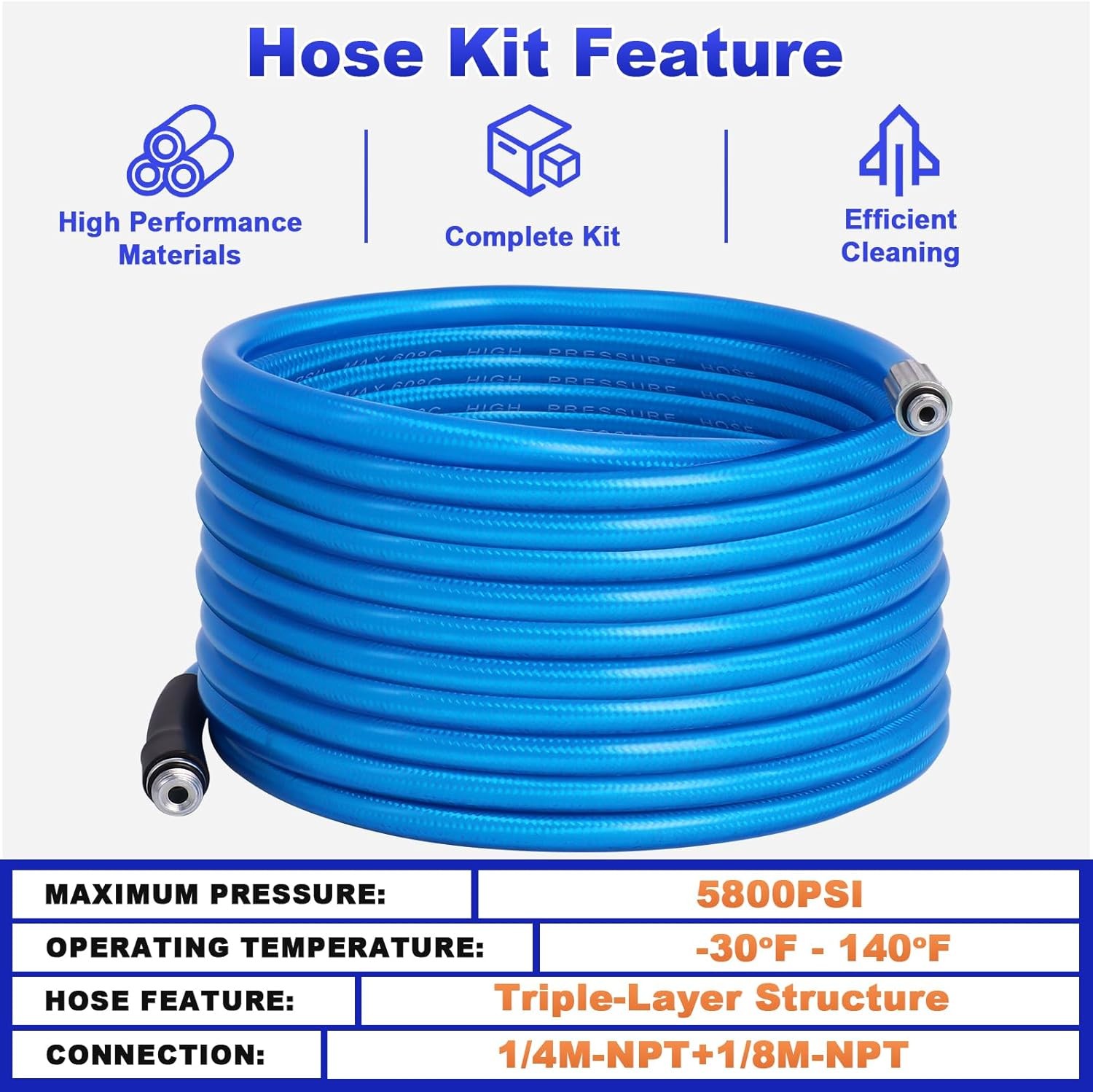 Sewer Jetter Kit for Pressure Washer Drain Cleaner Hose 50FT 1/4″ M-NPT 5800PSI